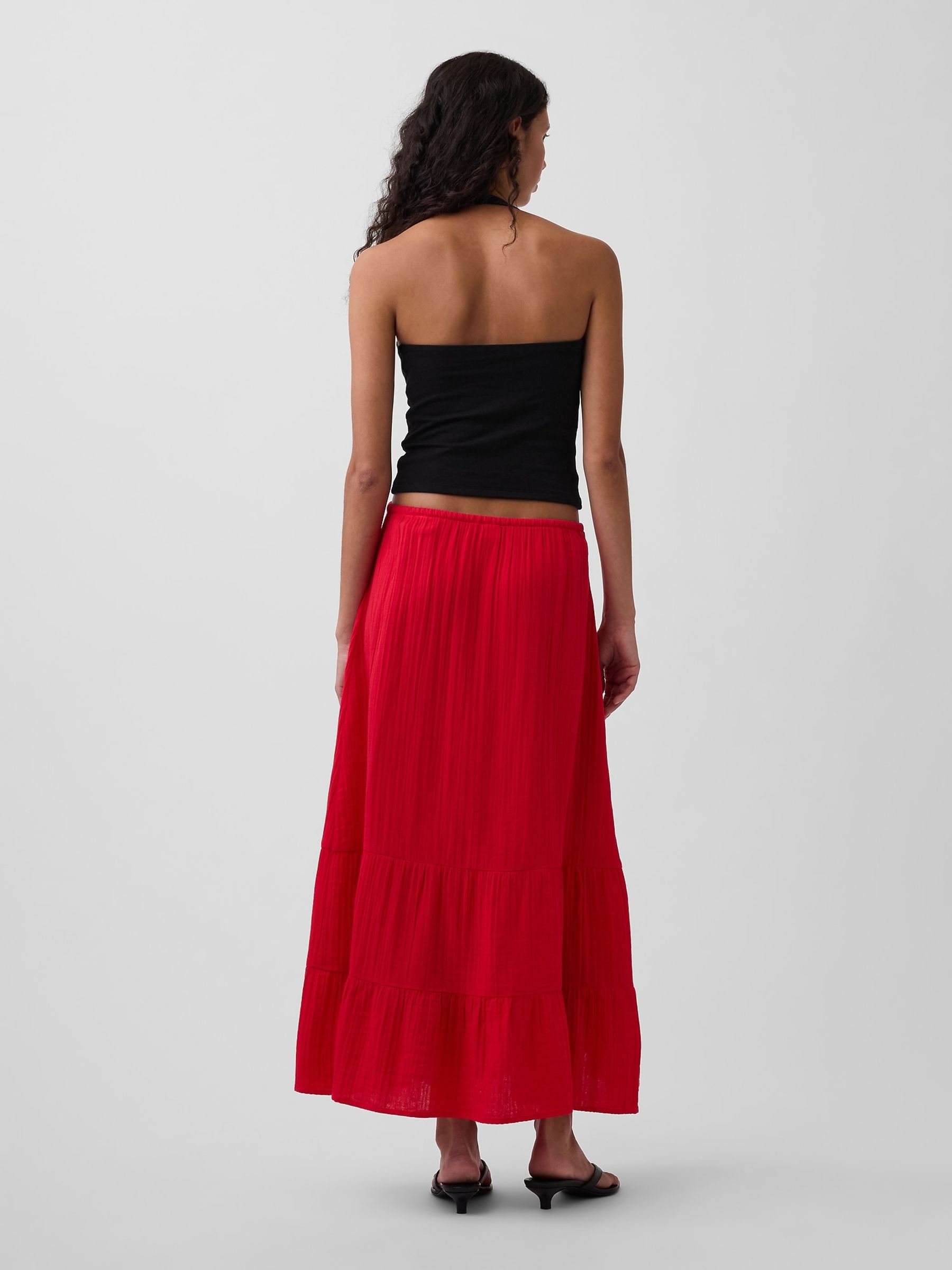 Red Cotton Gauze Tiered Easy Maxi Skirt - Image 2 of 4