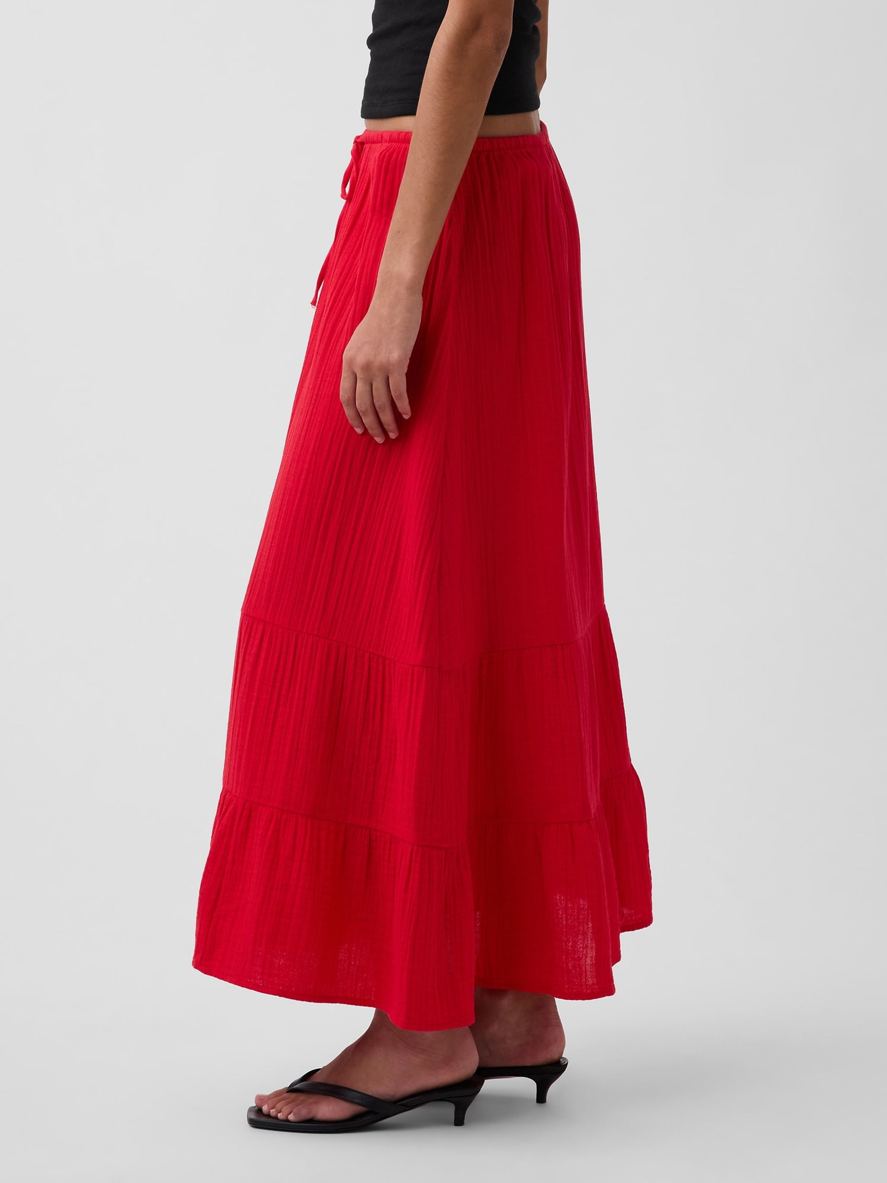 Red Cotton Gauze Tiered Easy Maxi Skirt - Image 3 of 4