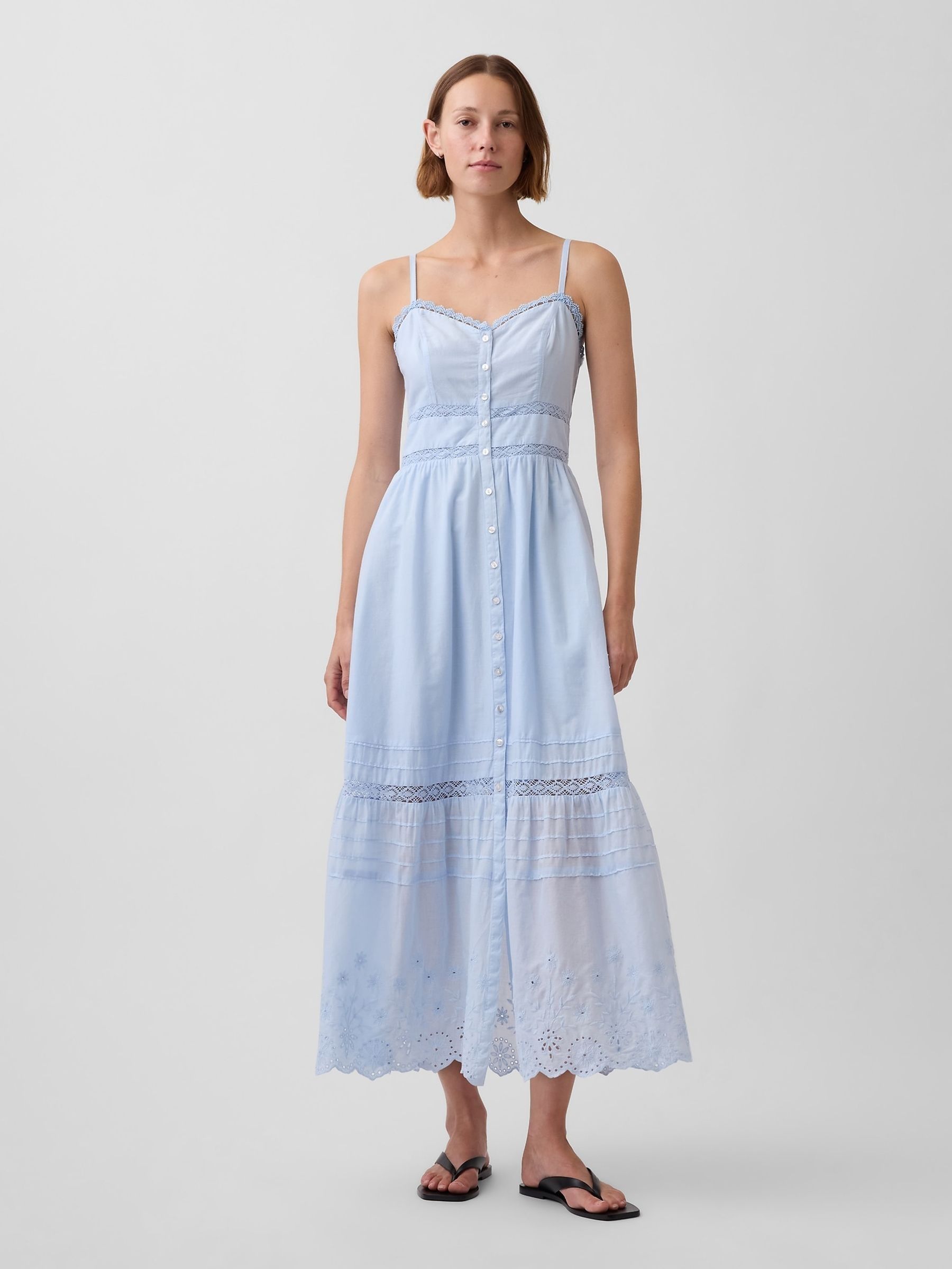 Blue Lace-Trim Button-Front Maxi Dress - Image 1 of 4