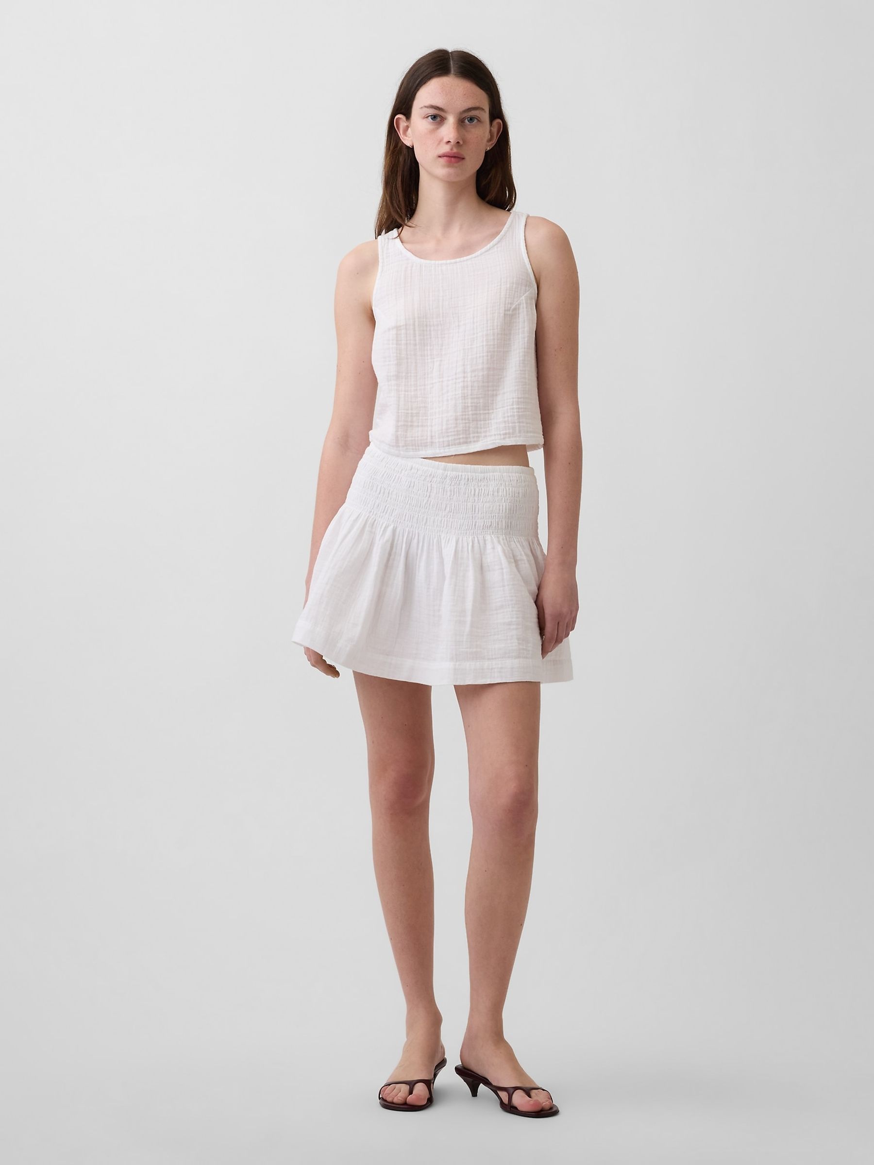 White Gauze Denim Smocked Waist Mini Skort - Image 1 of 5