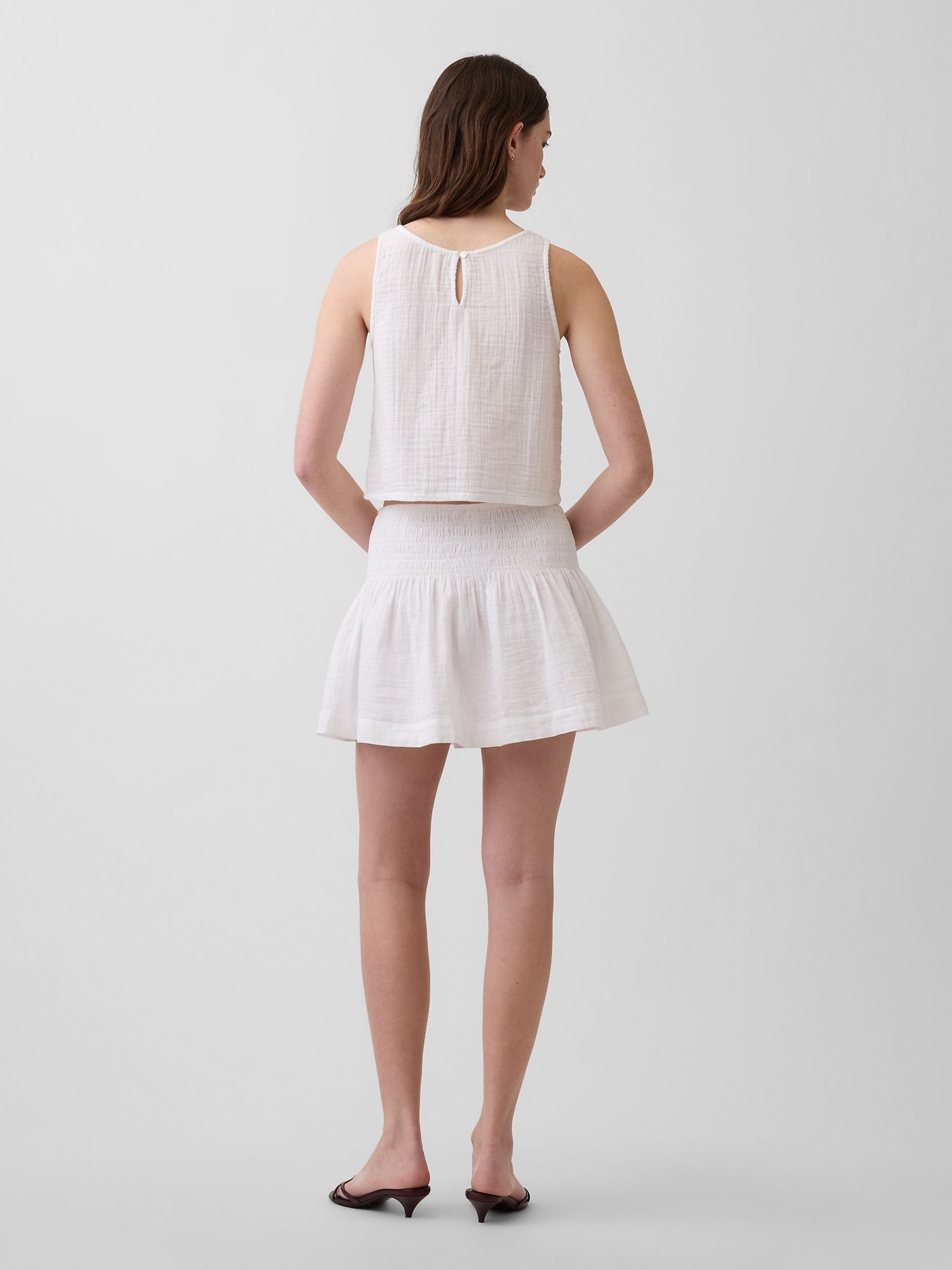 White Gauze Denim Smocked Waist Mini Skort - Image 2 of 5 White Gauze Denim Smocked Waist Mini Skort - Image 2 of 5