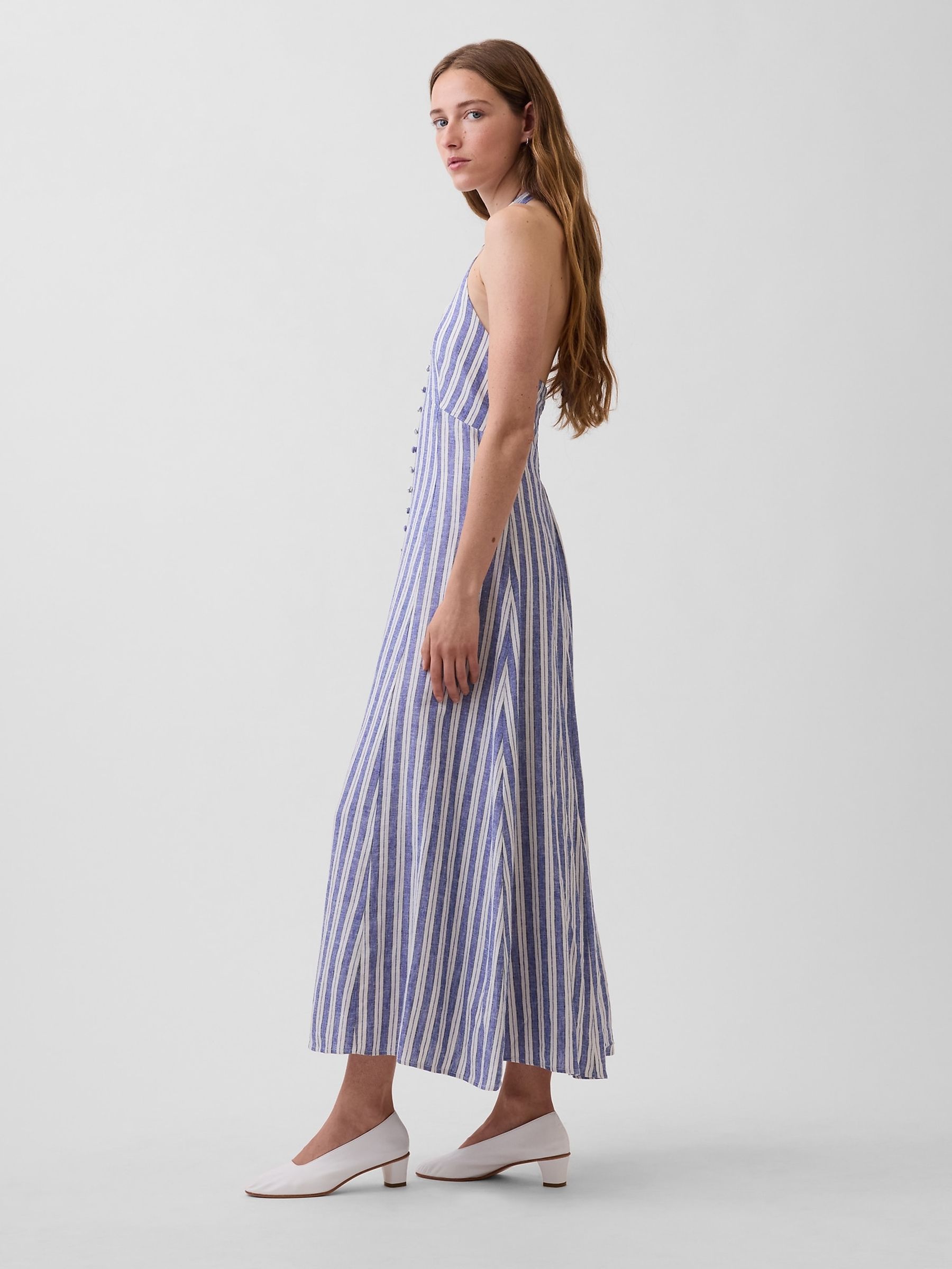 Blue Stripe Linen-Blend Halter Maxi Dress - Image 3 of 5