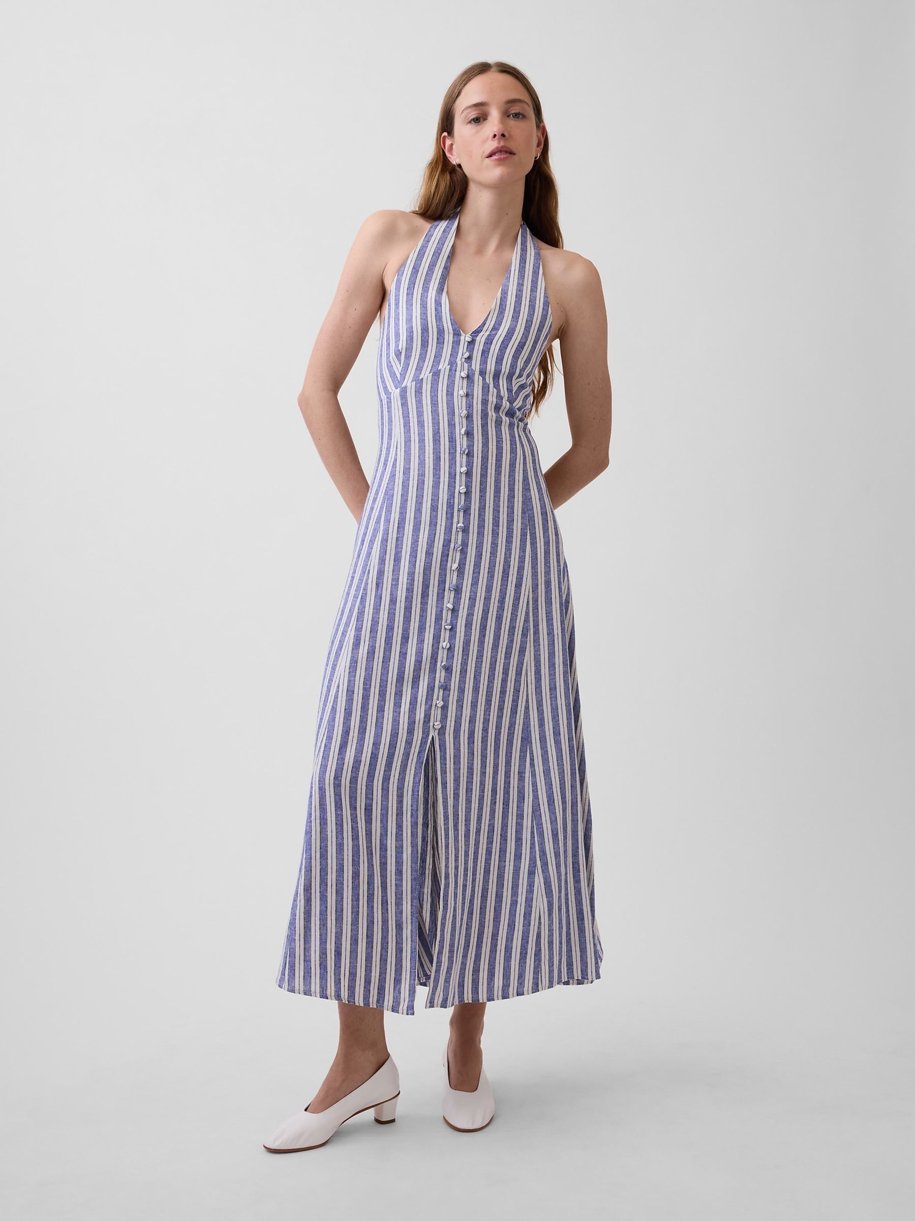 Blue Stripe Linen-Blend Halter Maxi Dress - Image 4 of 5