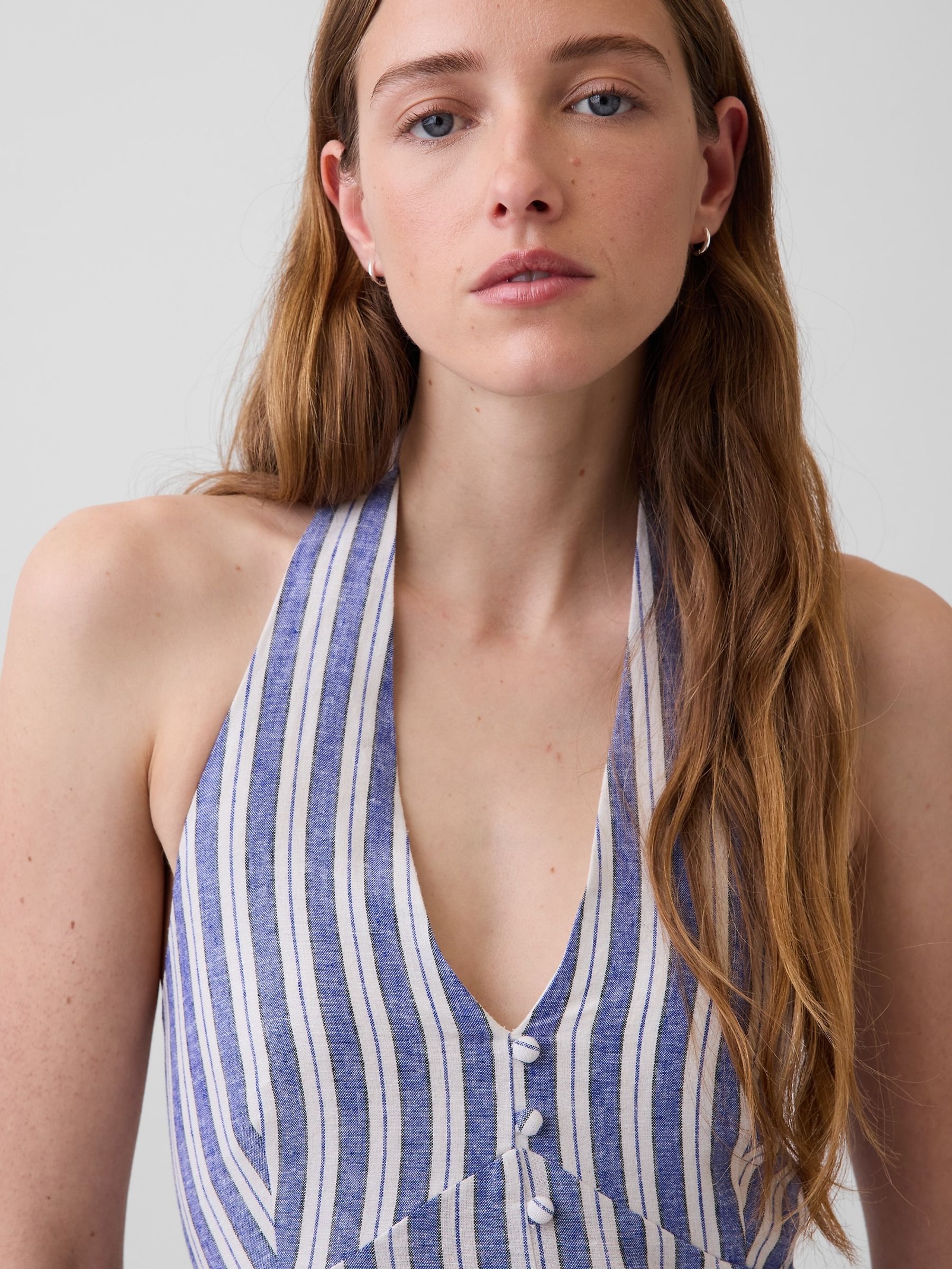 Blue Stripe Linen-Blend Halter Maxi Dress - Image 5 of 5 Blue Stripe Linen-Blend Halter Maxi Dress - Image 5 of 5