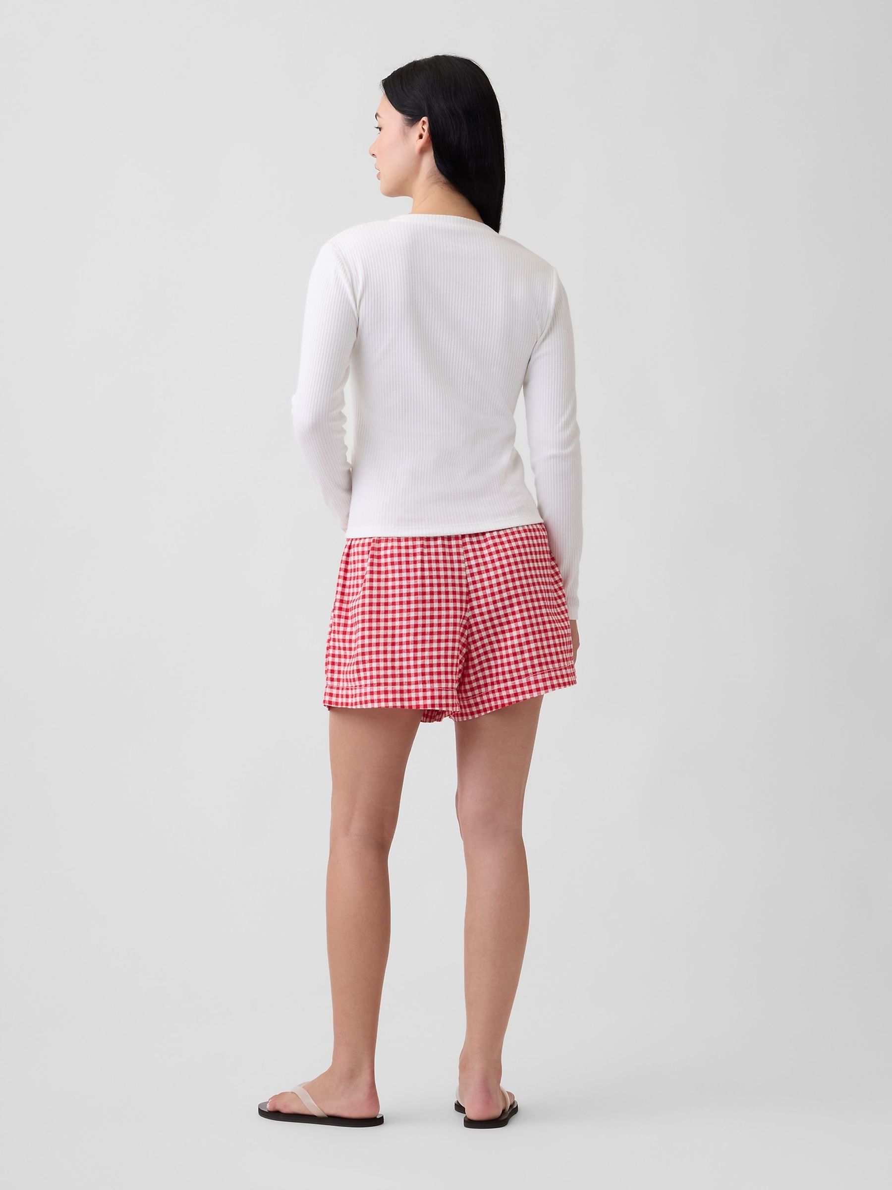 Red Gingham 4 inch Pull On Linen-Blend Shorts - Image 3 of 6