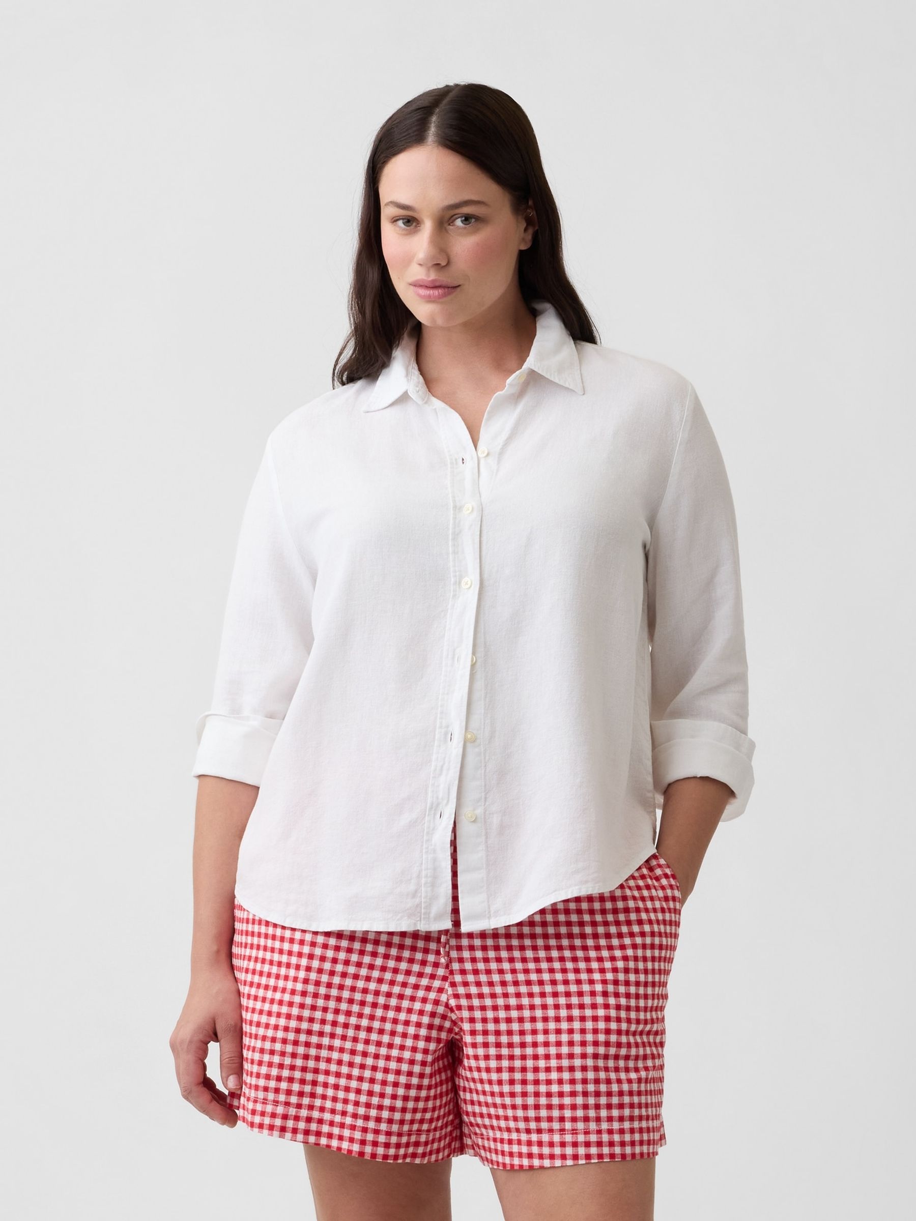 Red Gingham 4 inch Pull On Linen-Blend Shorts - Image 5 of 6