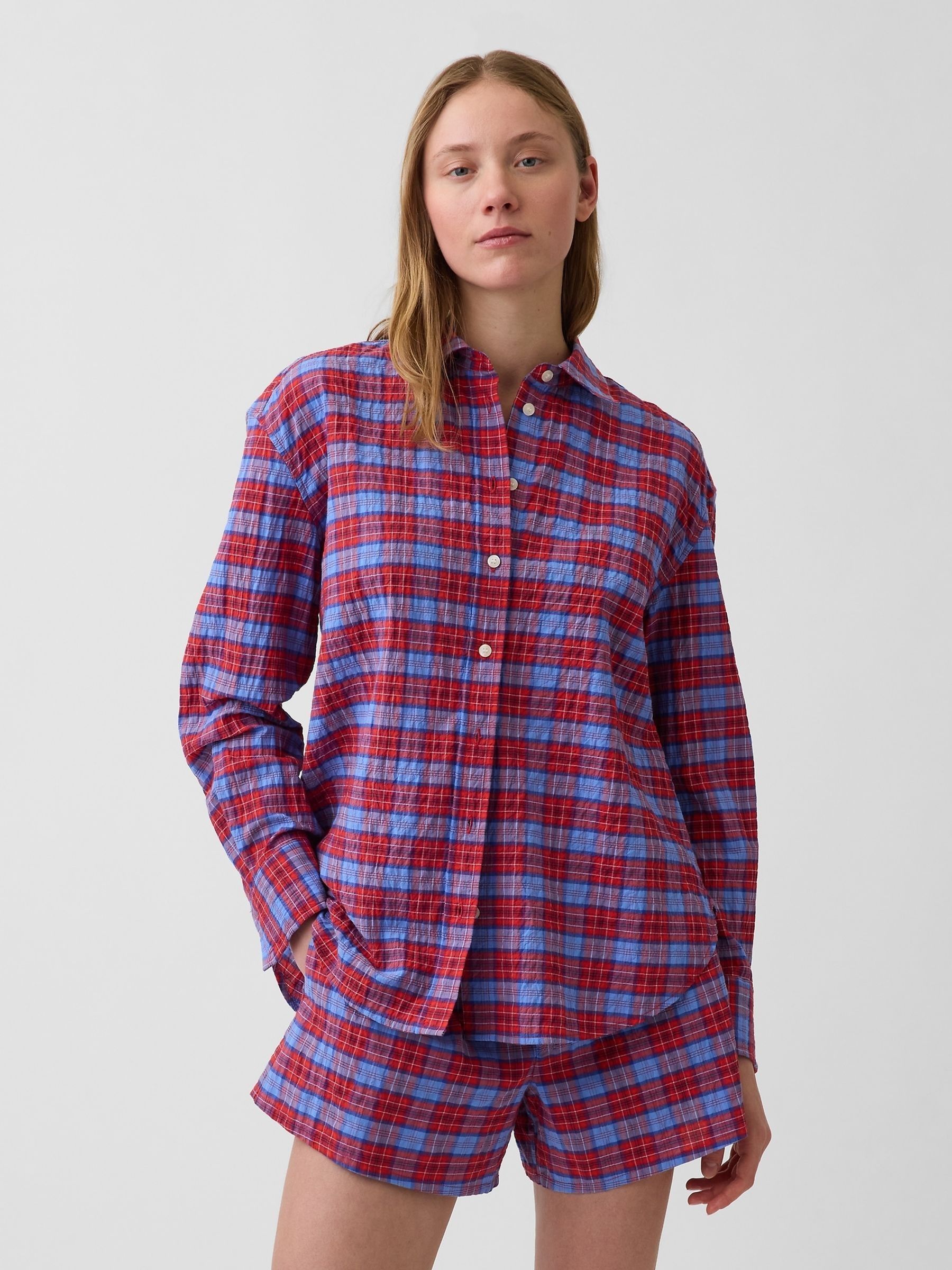 Red Check Seersucker Check Oversized Shirt - Image 1 of 4 Red Check Seersucker Check Oversized Shirt - Image 1 of 4
