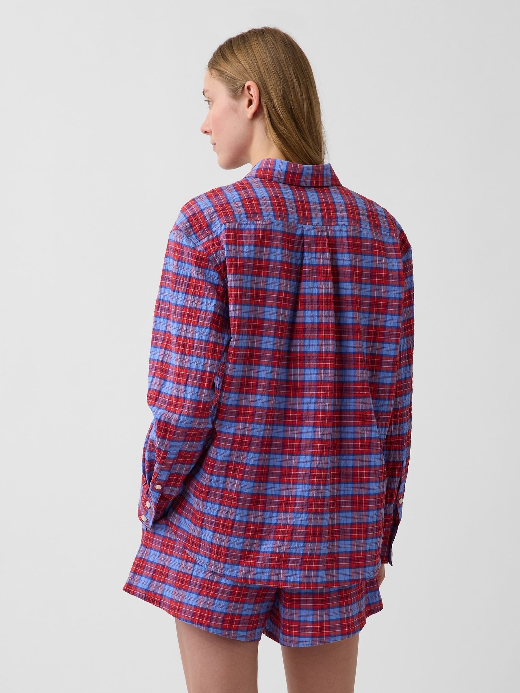 Red Check Seersucker Check Oversized Shirt - Image 2 of 4 Red Check Seersucker Check Oversized Shirt - Image 2 of 4
