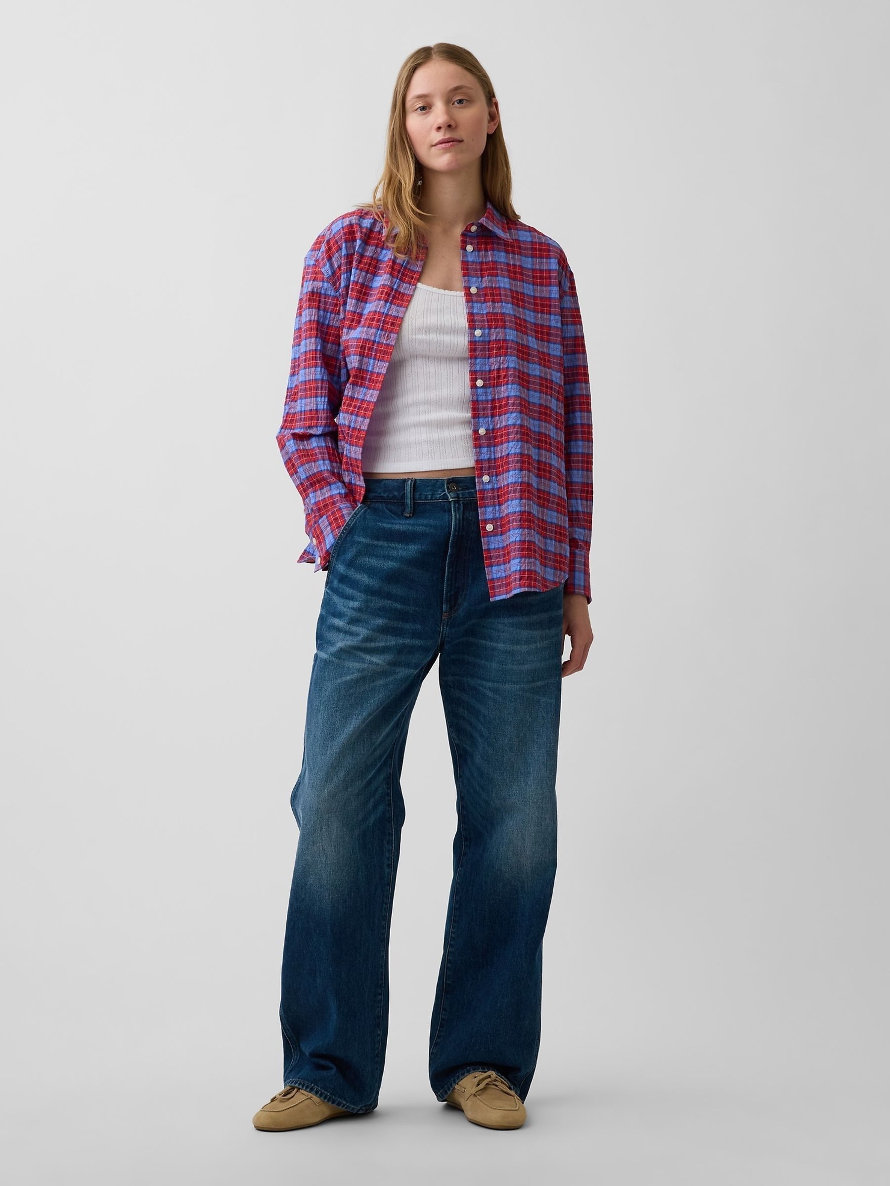 Red Check Seersucker Check Oversized Shirt - Image 3 of 4
