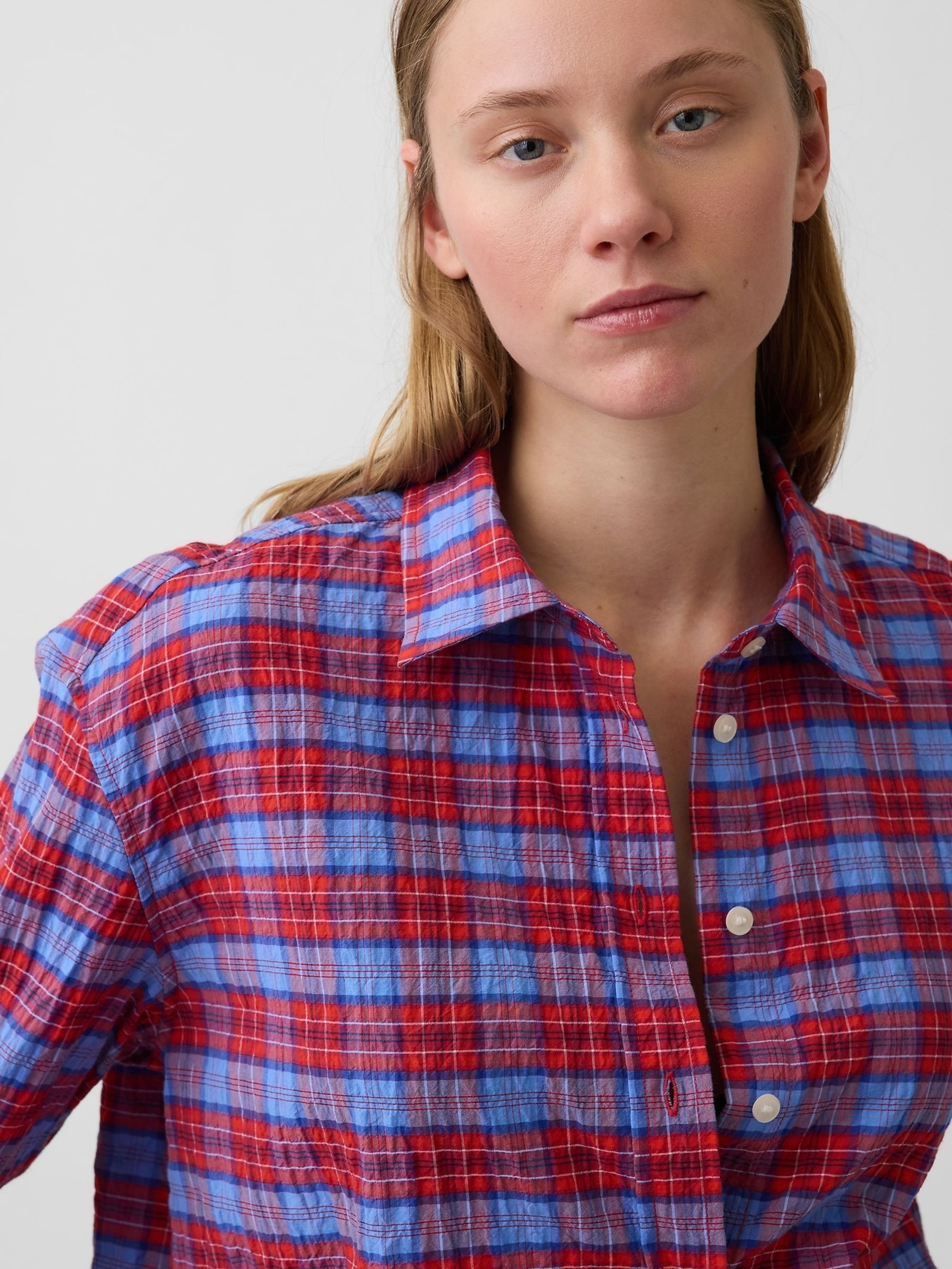 Red Check Seersucker Check Oversized Shirt - Image 4 of 4 Red Check Seersucker Check Oversized Shirt - Image 4 of 4