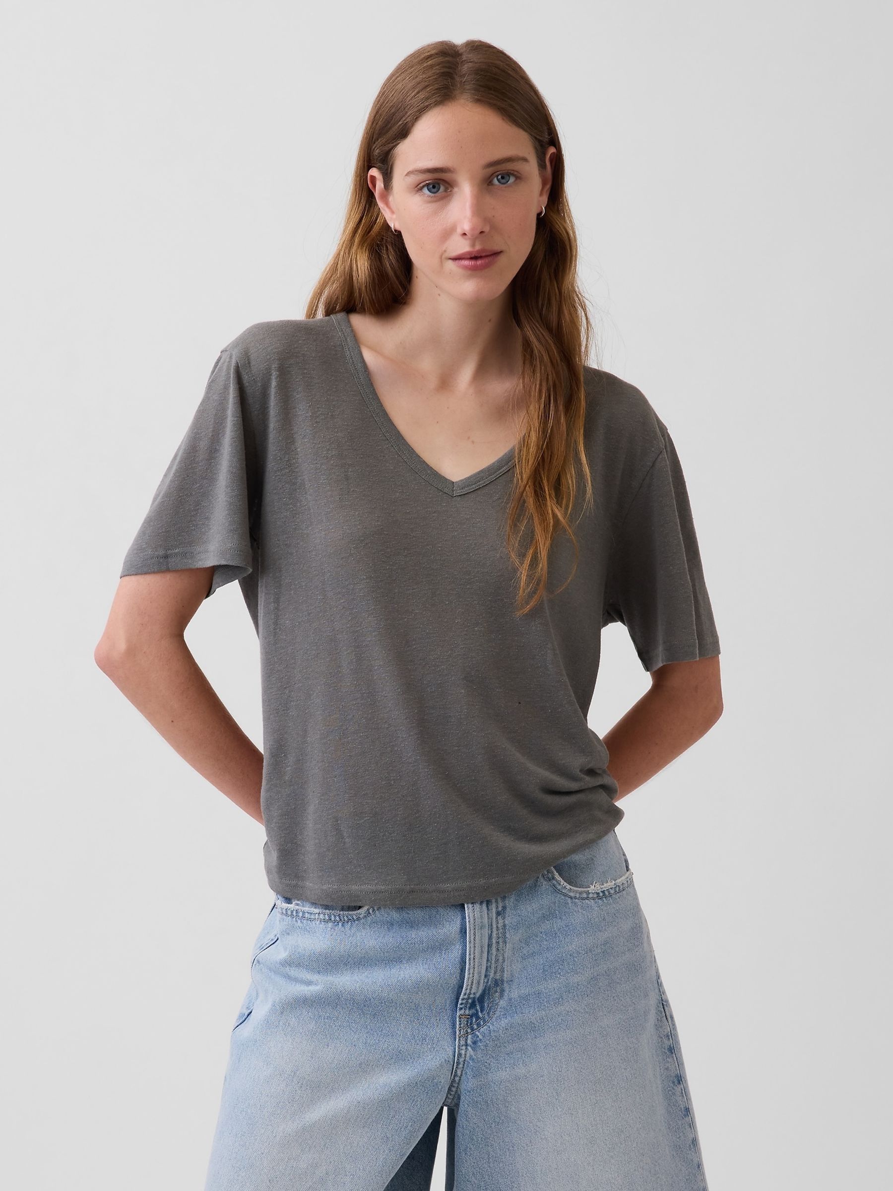 Grey Linen-Blend Relaxed V-Neck T-Shirt - Image 1 of 1