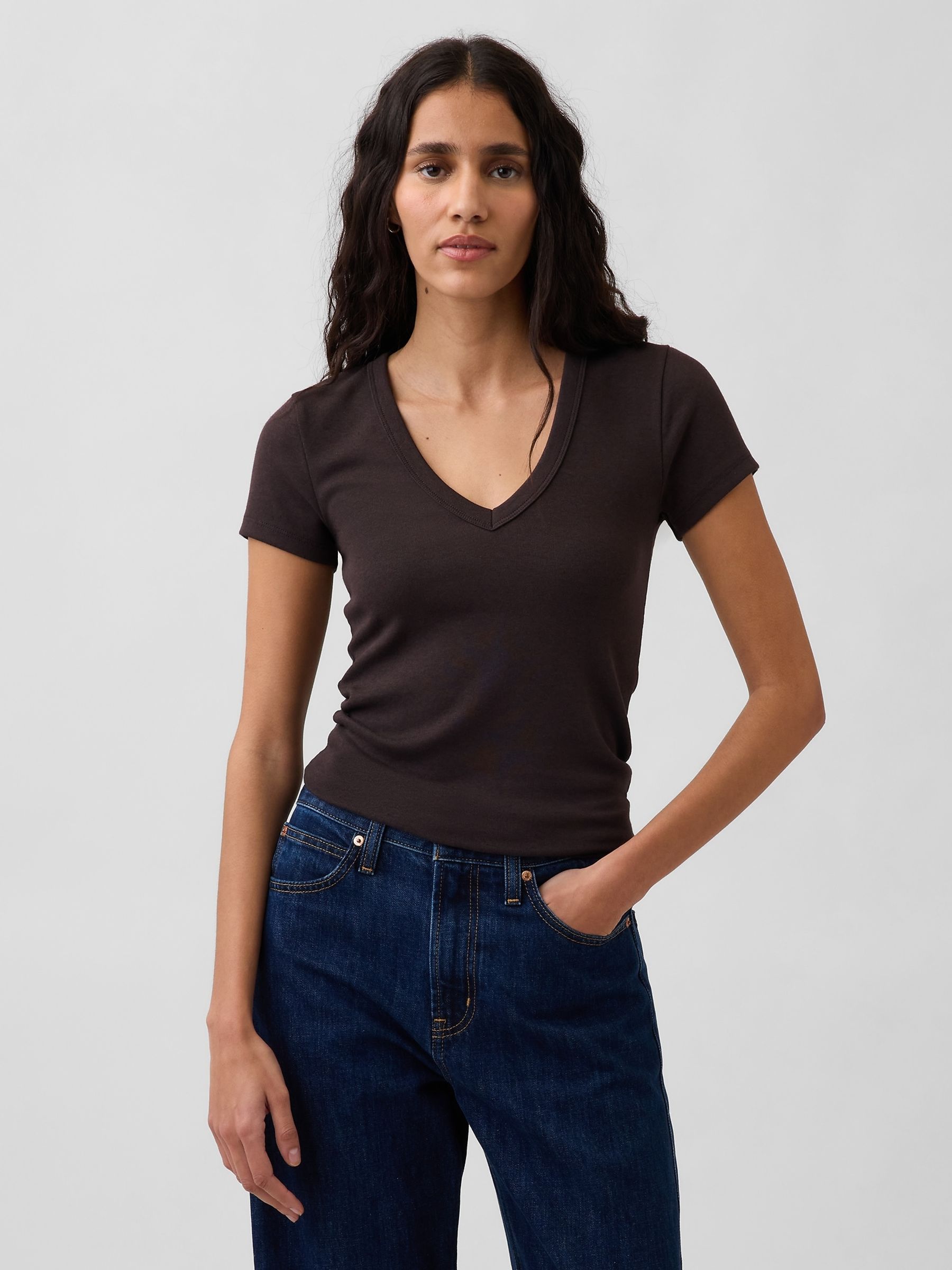 Brown Modern V-Neck Short Sleeve T-Shirt - Image 1 of 4