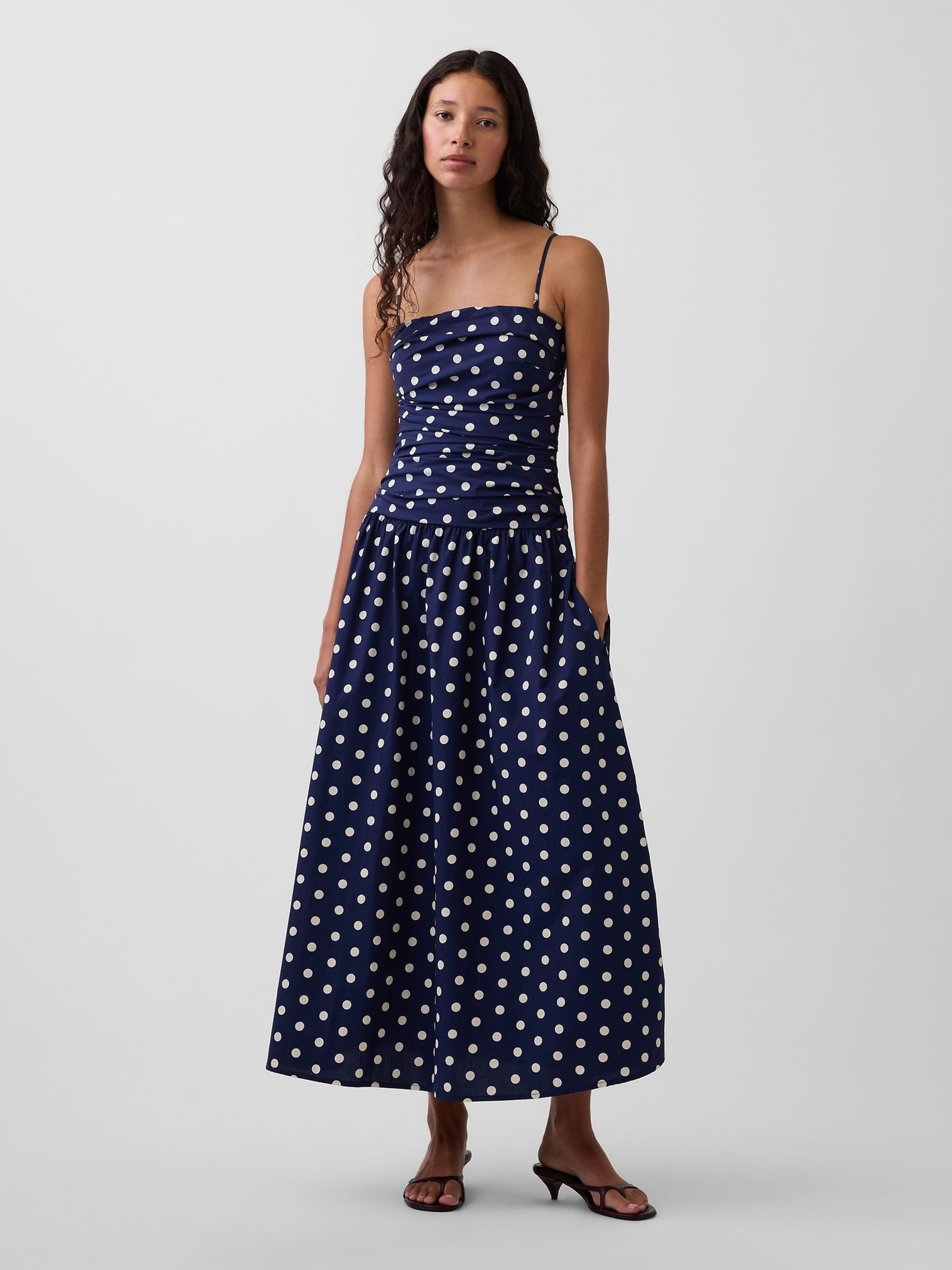 Navy Polka Dot Poplin Drop-Waist Maxi Dress - Image 1 of 4