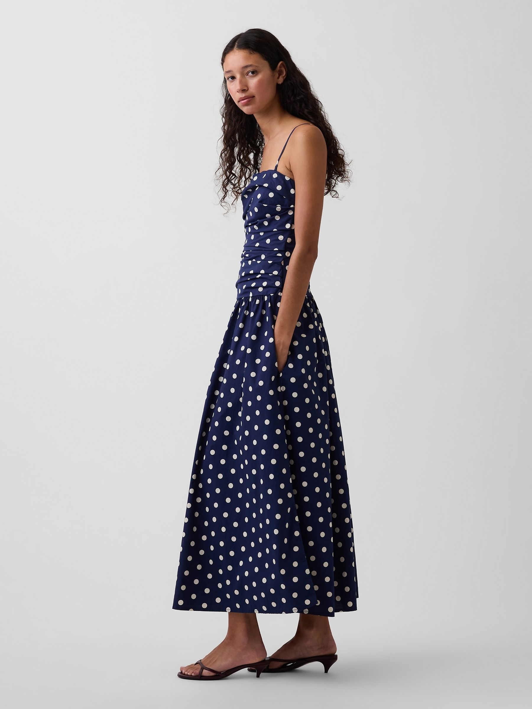 Navy Polka Dot Poplin Drop-Waist Maxi Dress - Image 3 of 4