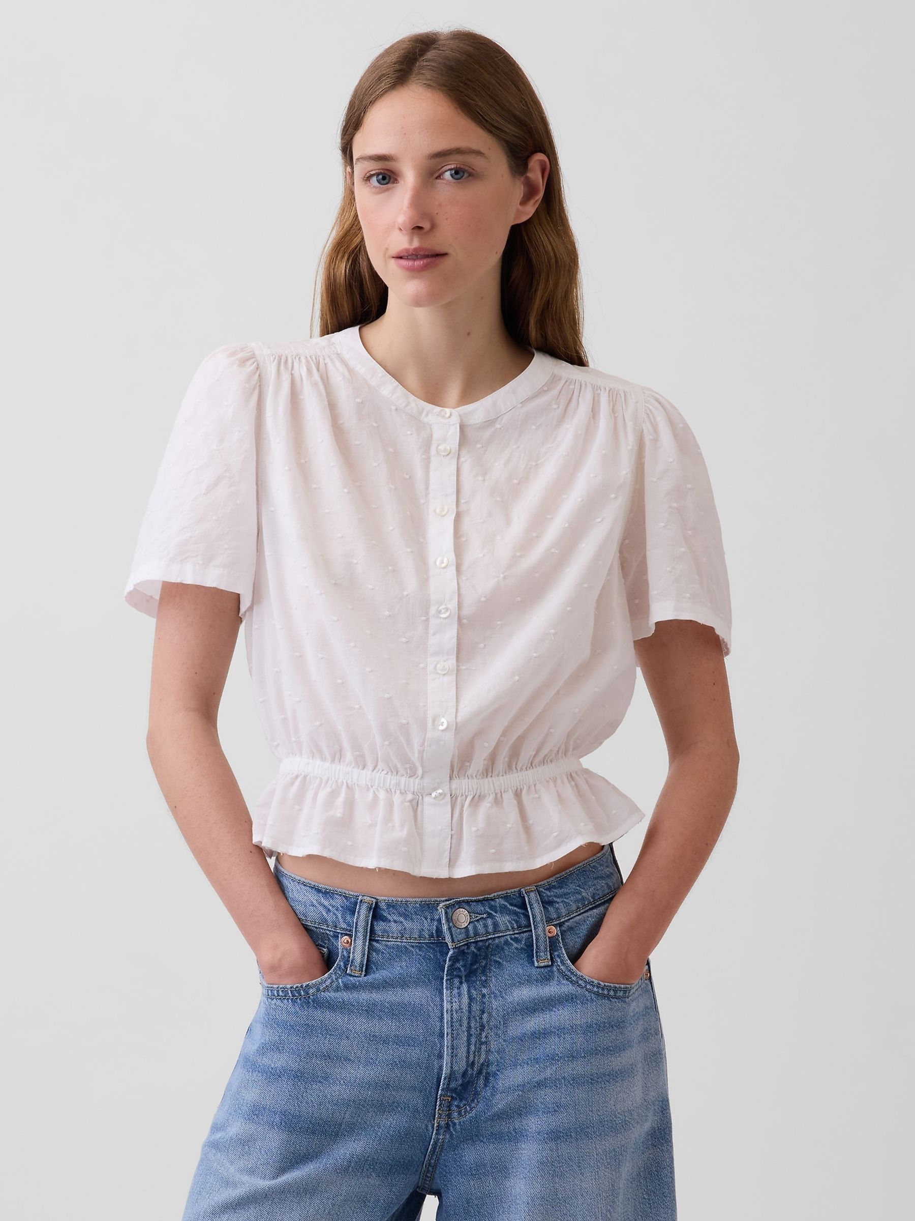 White Button-Front Crop Short Sleeve Peplum Top - Image 1 of 4