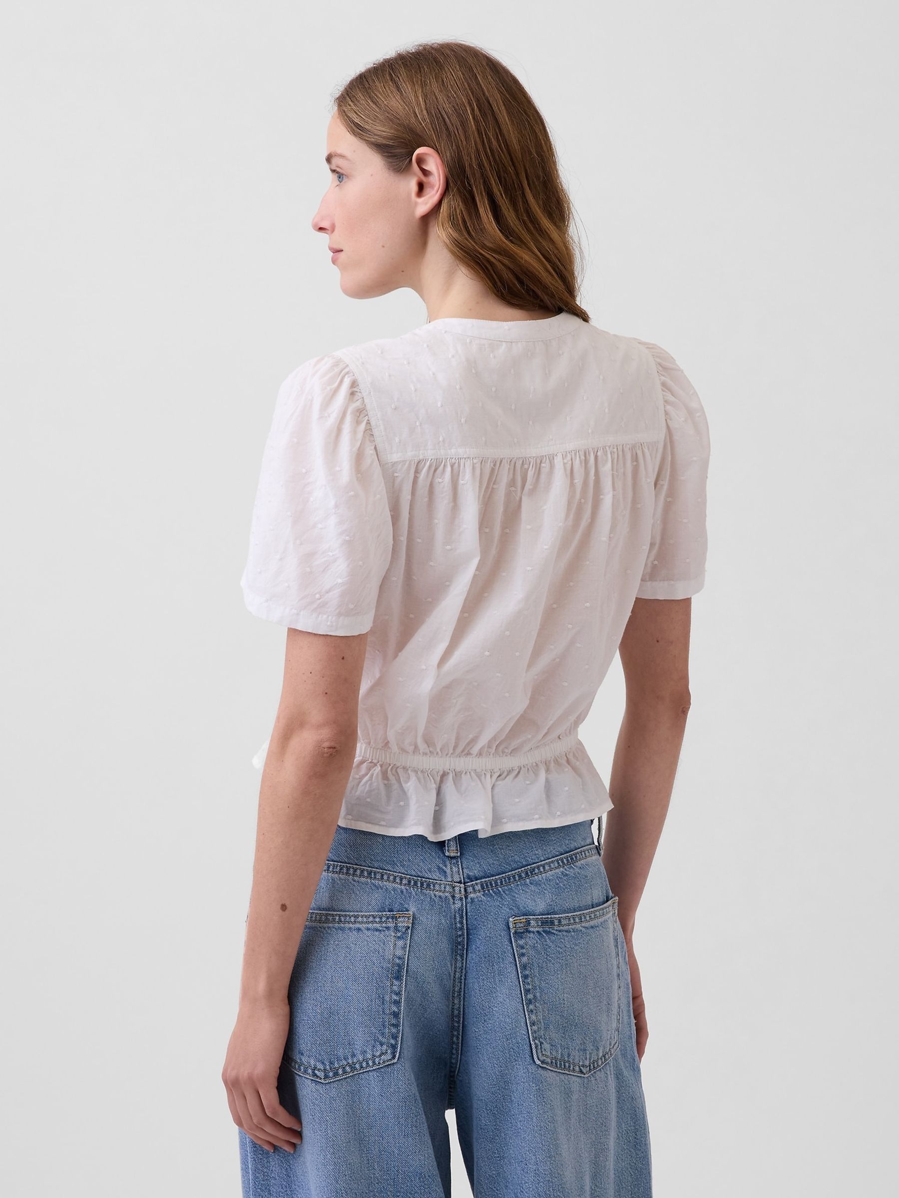 White Button-Front Crop Short Sleeve Peplum Top - Image 2 of 4