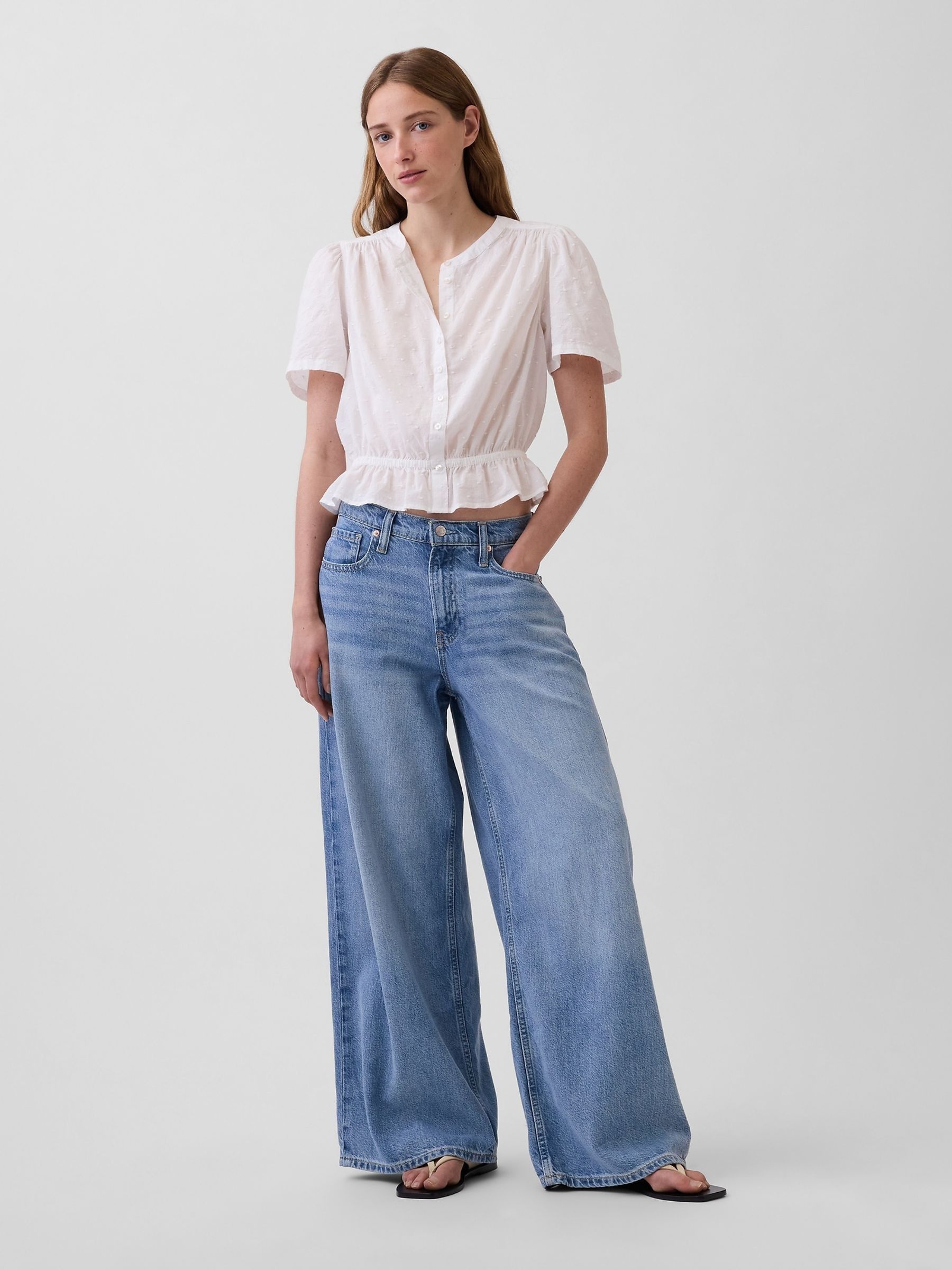 White Button-Front Crop Short Sleeve Peplum Top - Image 3 of 4