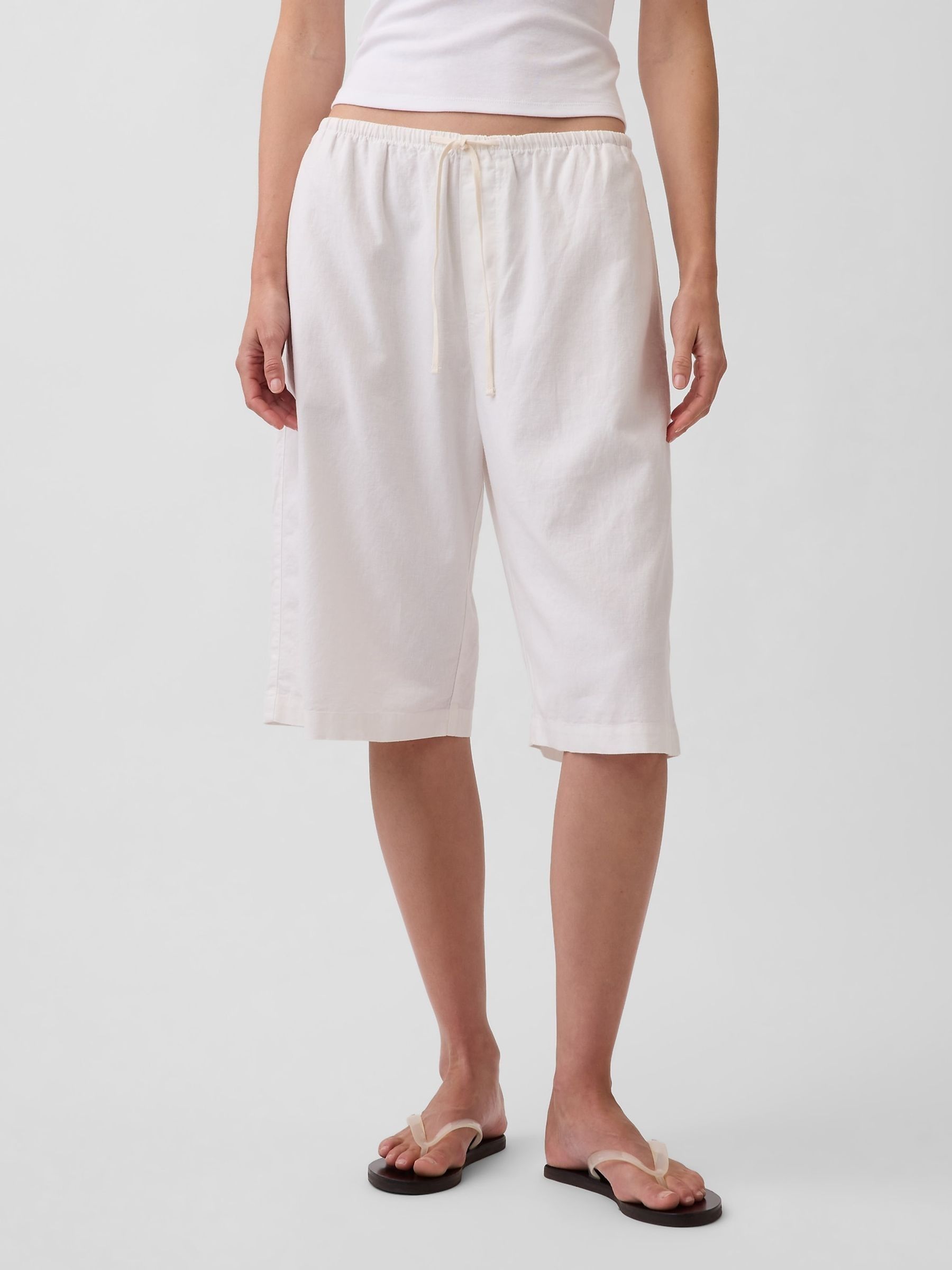 White Linen-Blend Relaxed Easy Crop Culotte Trousers - Image 1 of 4