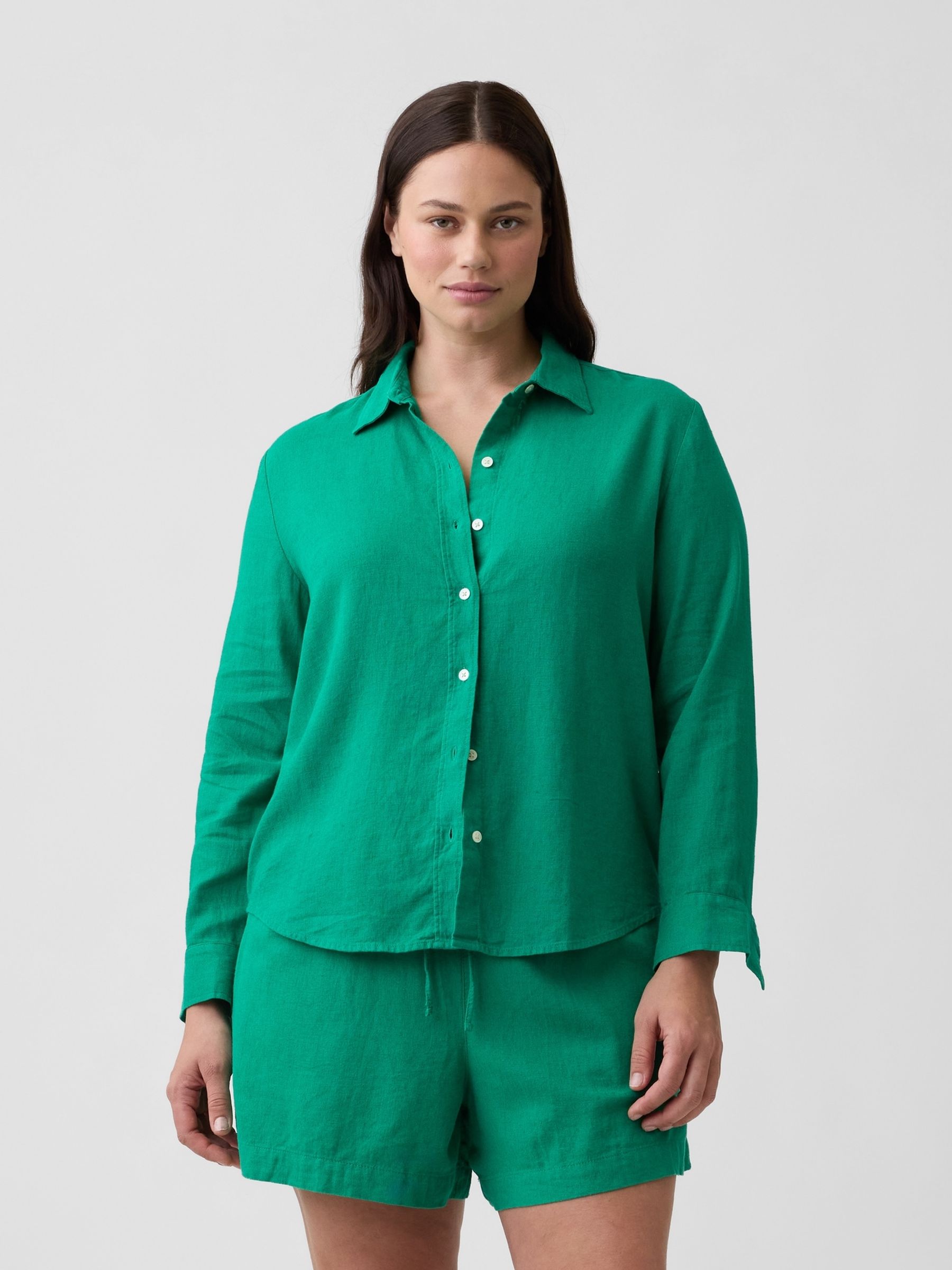 Green 4 inch Pull On Linen-Blend Shorts - Image 1 of 6