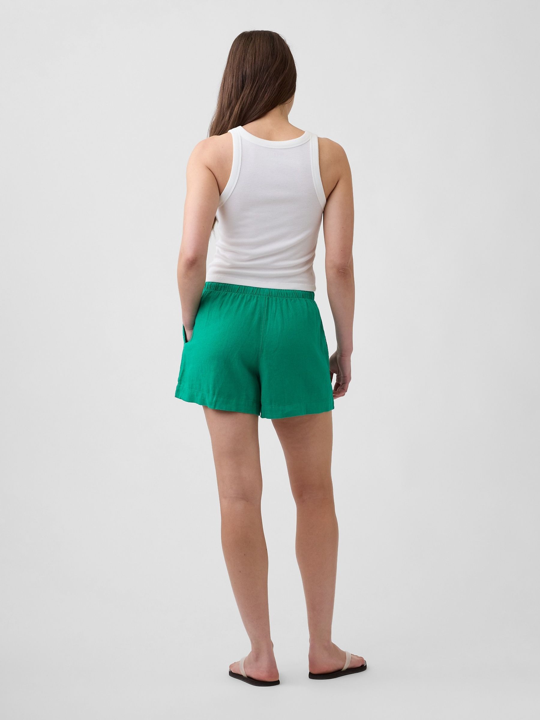 Green 4 inch Pull On Linen-Blend Shorts - Image 4 of 6