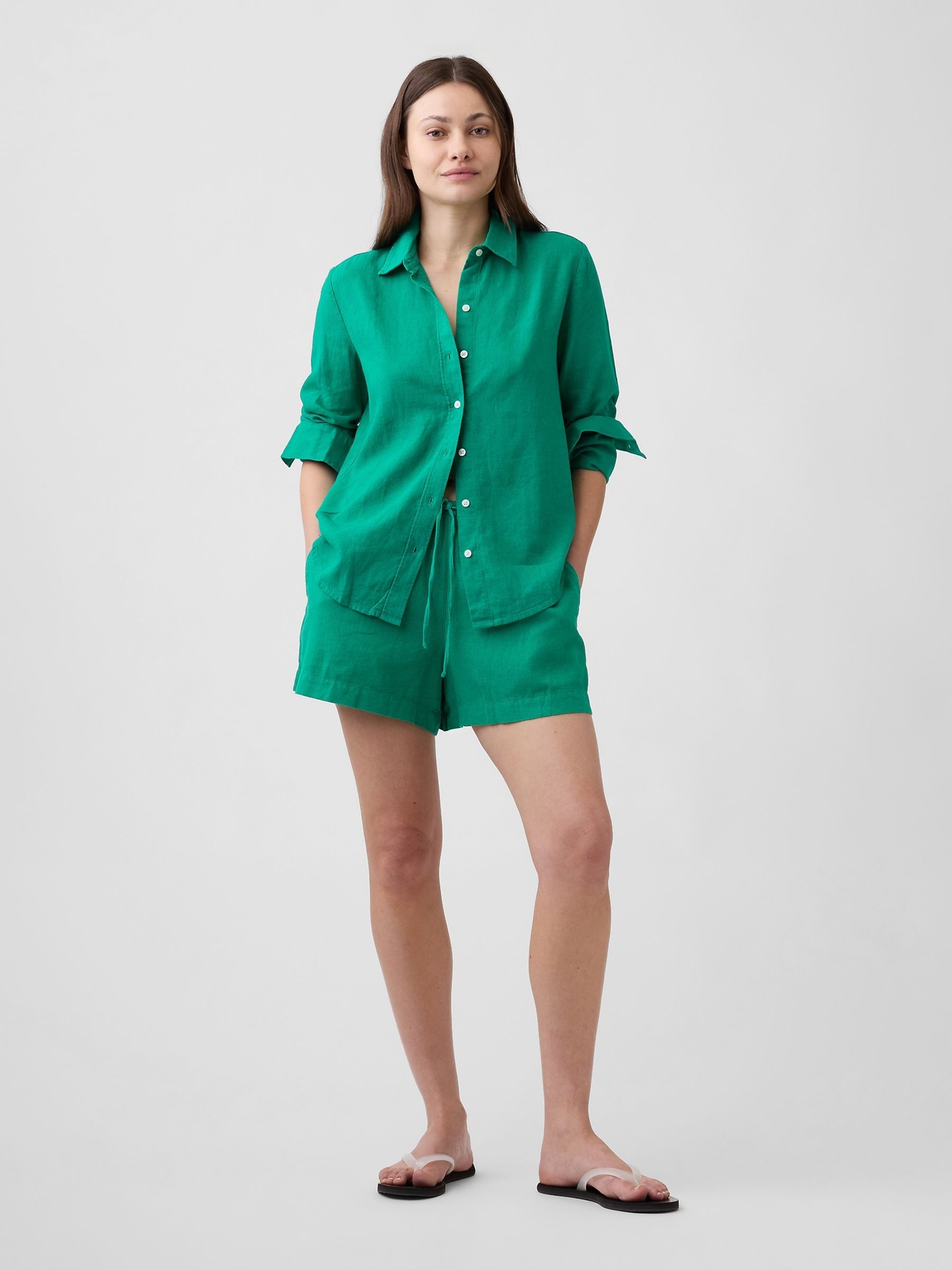 Green 4 inch Pull On Linen-Blend Shorts - Image 5 of 6