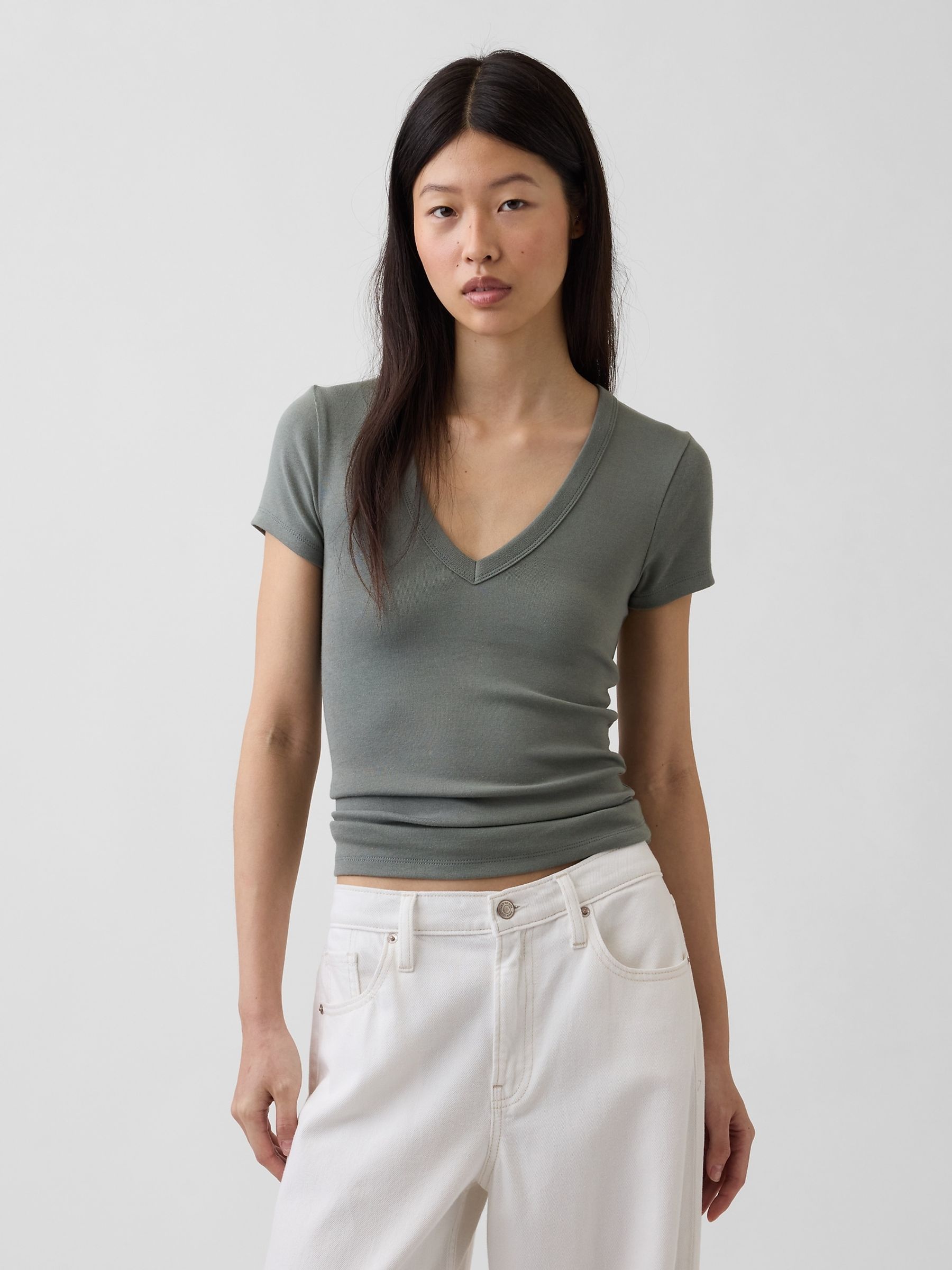 Khaki Green Modern V-Neck Short Sleeve T-Shirt - Image 1 of 3
