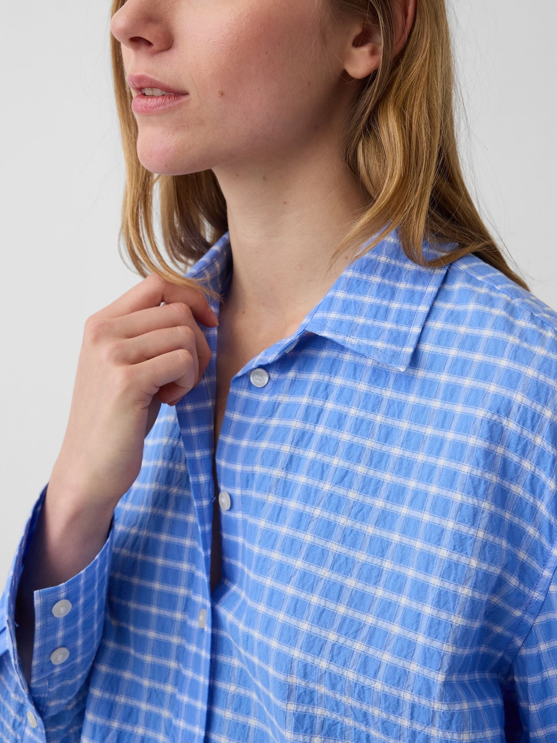 Blue Check Seersucker Check Oversized Shirt - Image 3 of 3 Blue Check Seersucker Check Oversized Shirt - Image 3 of 3