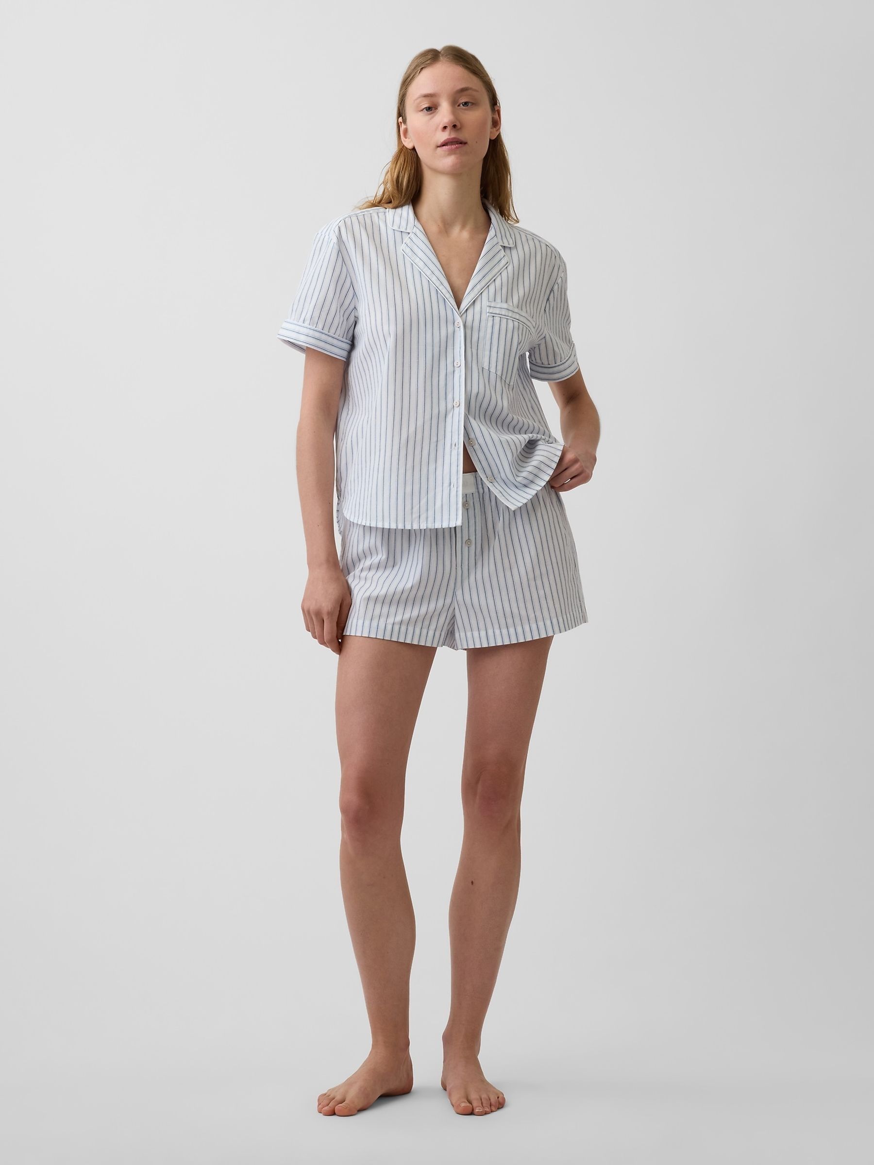 Blue stripe Poplin Pyjama Boxer Shorts - Image 1 of 3