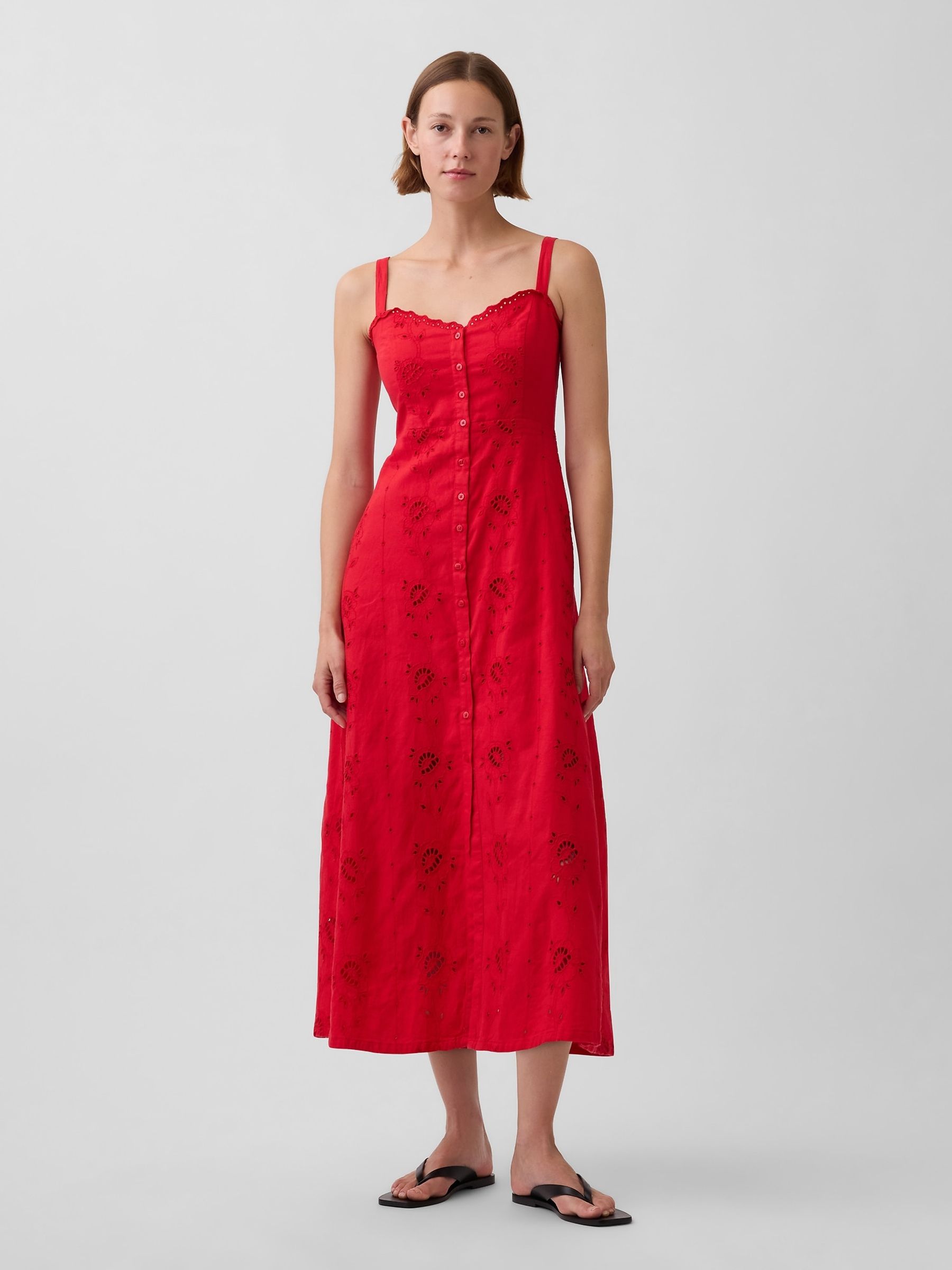 Red Linen-Blend Embroidered Button-Front Cami Maxi Dress - Image 1 of 4
