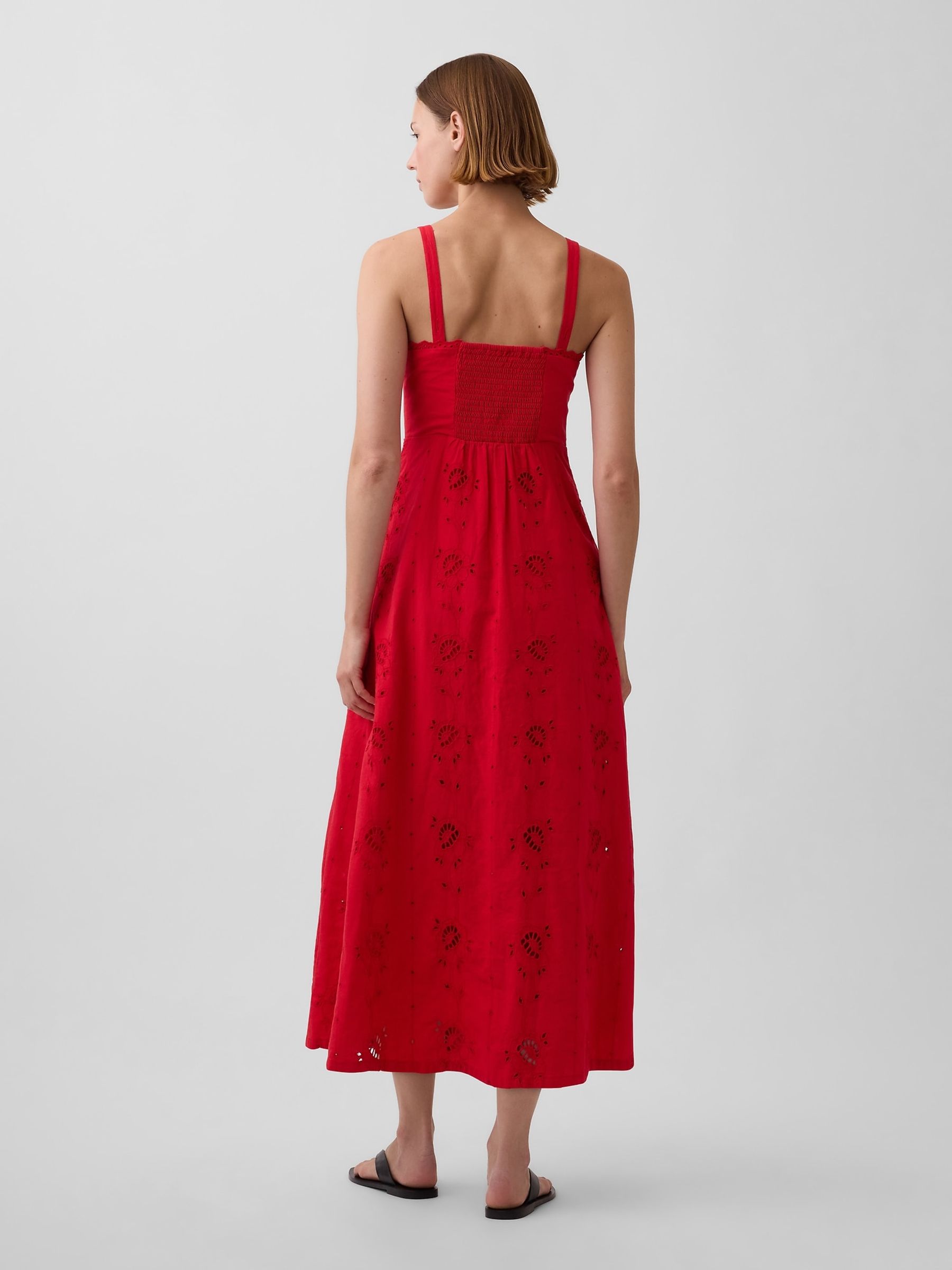 Red Linen-Blend Embroidered Button-Front Cami Maxi Dress - Image 2 of 4