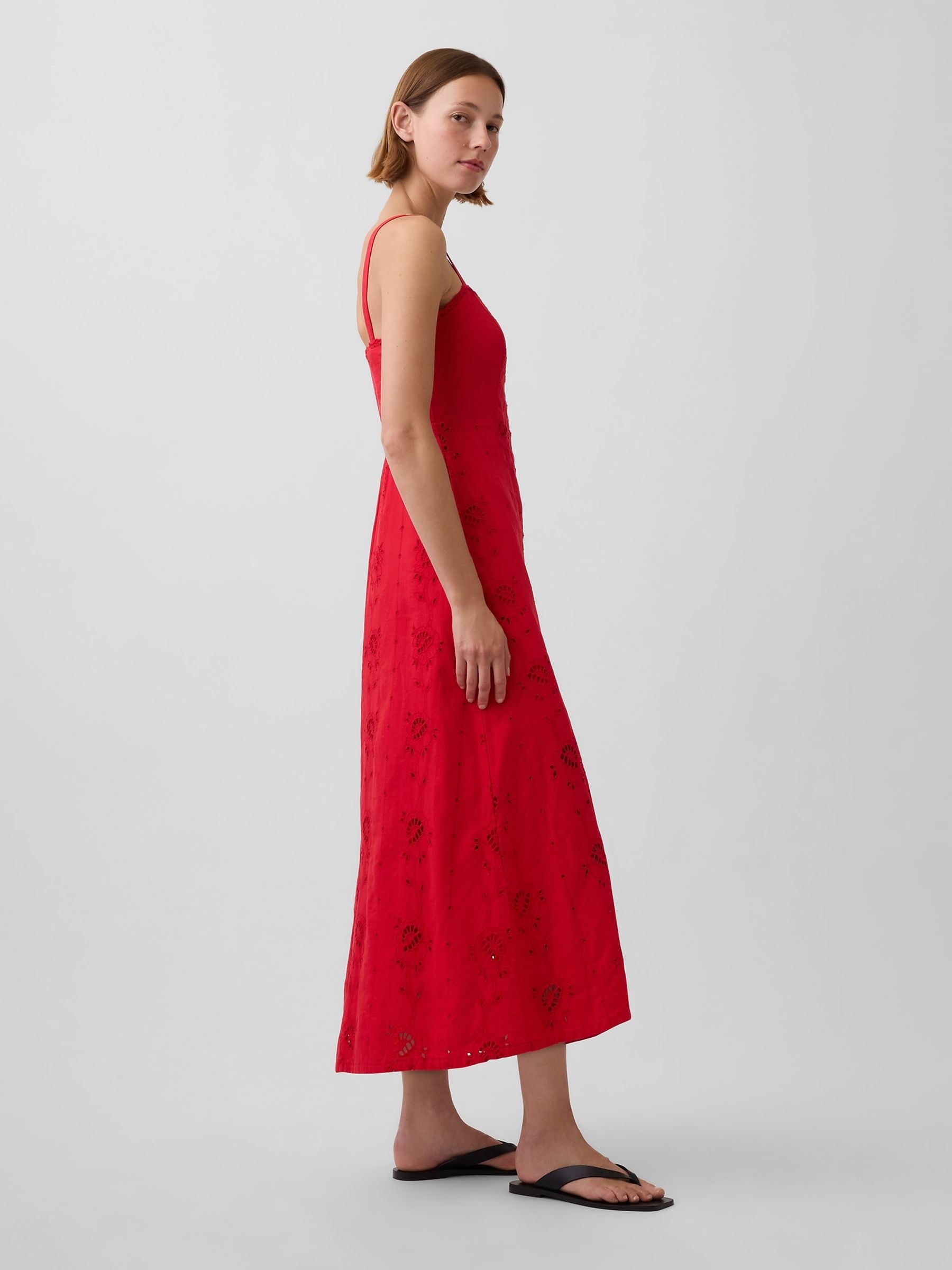 Red Linen-Blend Embroidered Button-Front Cami Maxi Dress - Image 3 of 4