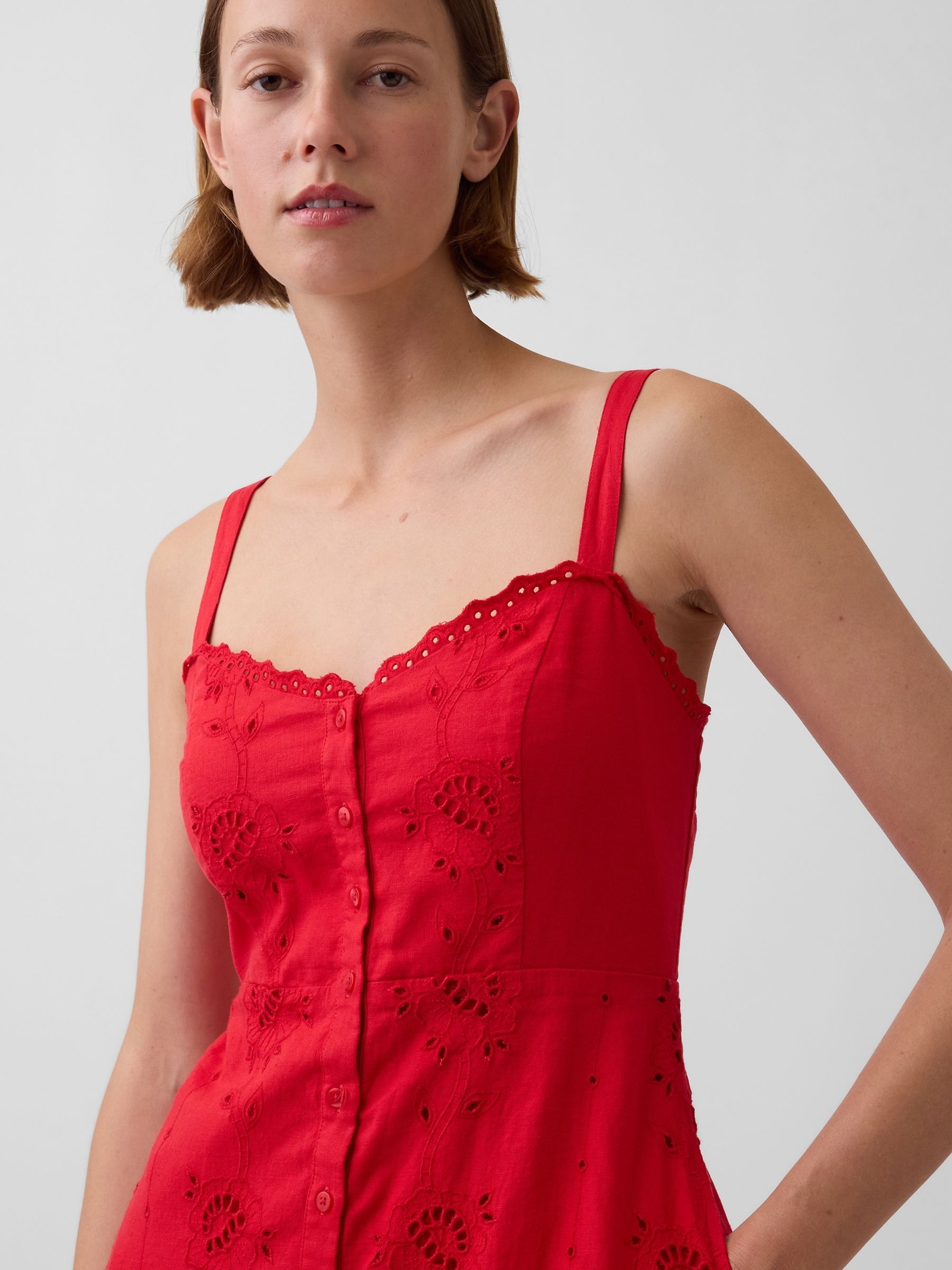 Red Linen-Blend Embroidered Button-Front Cami Maxi Dress - Image 4 of 4
