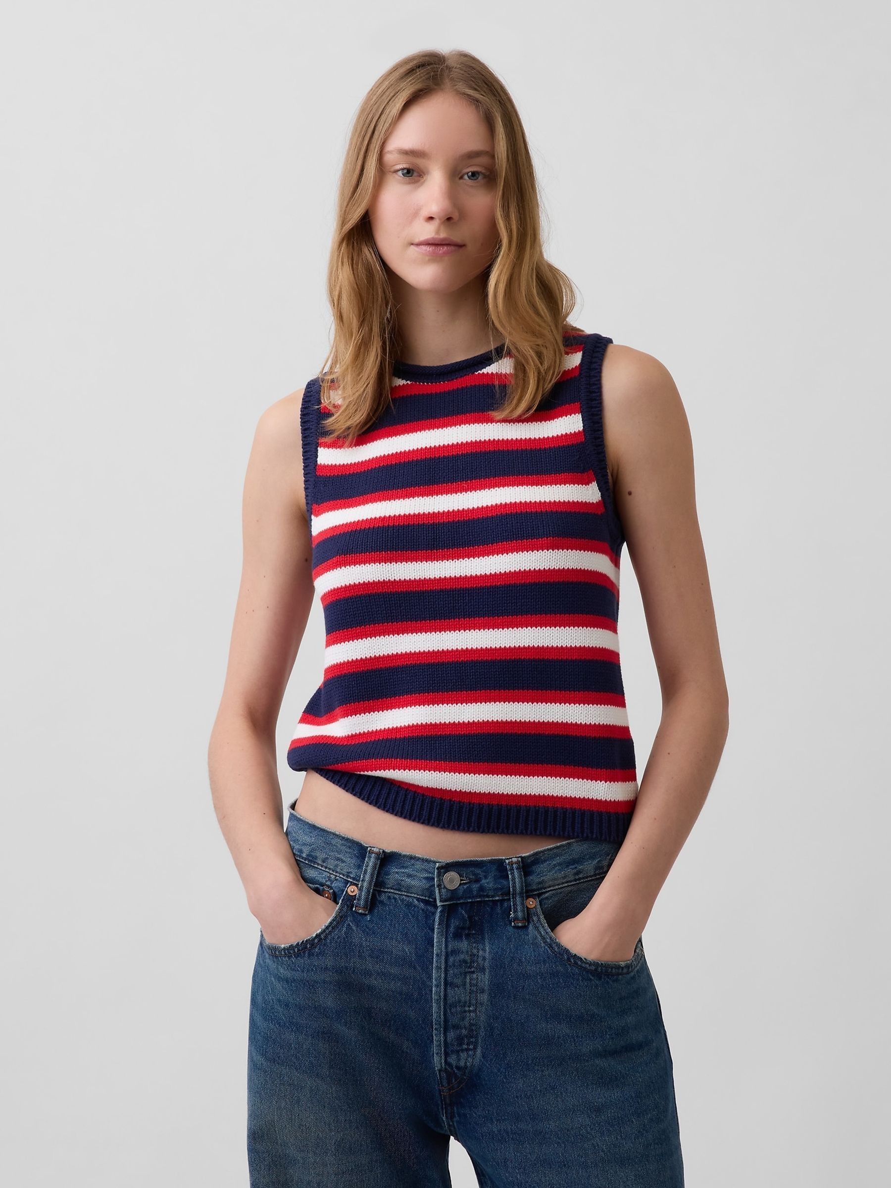 Navy/White/Red Knitted Vest - Image 1 of 4 Navy/White/Red Knitted Vest - Image 1 of 4
