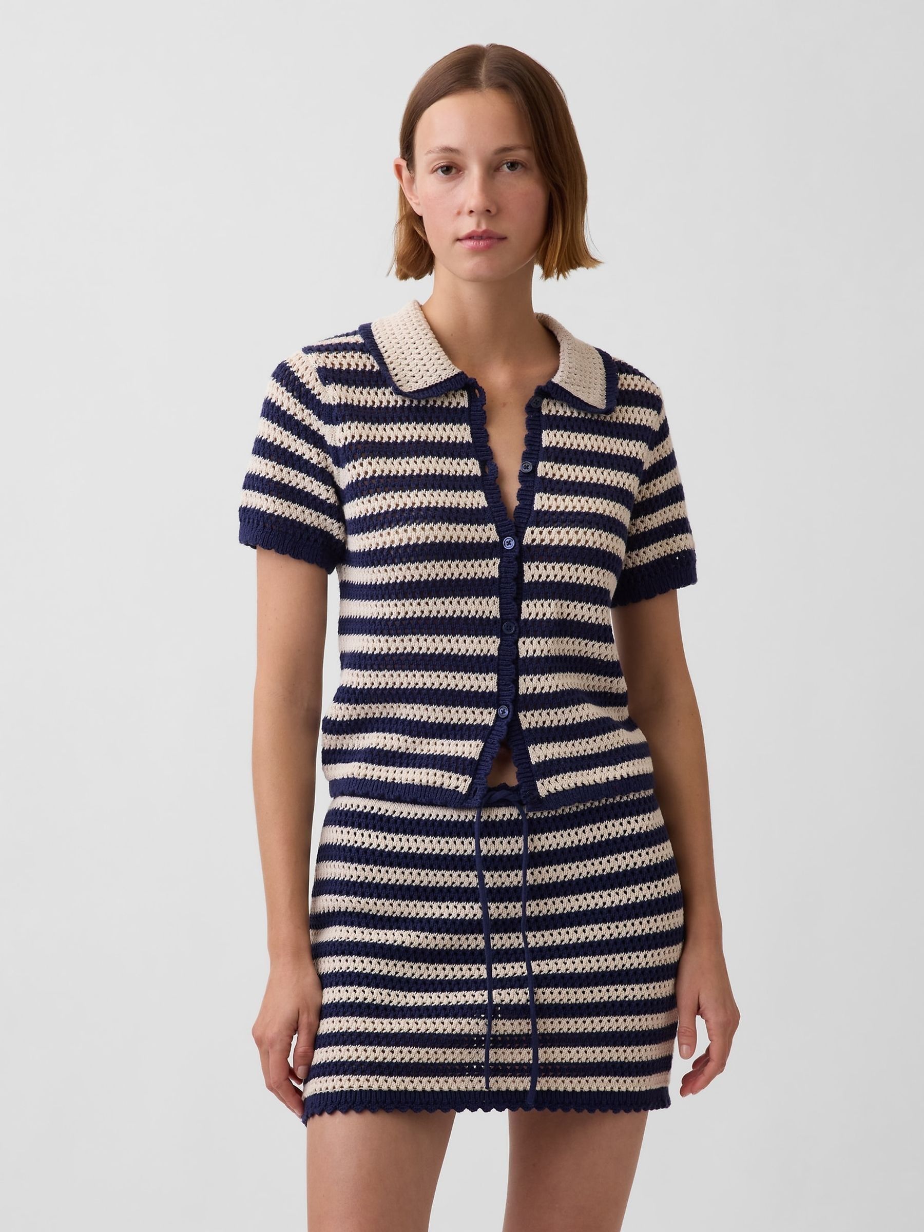 Navy stripe Crochet Relaxed Knitted Short Sleeve Shirt - Image 1 of 4
