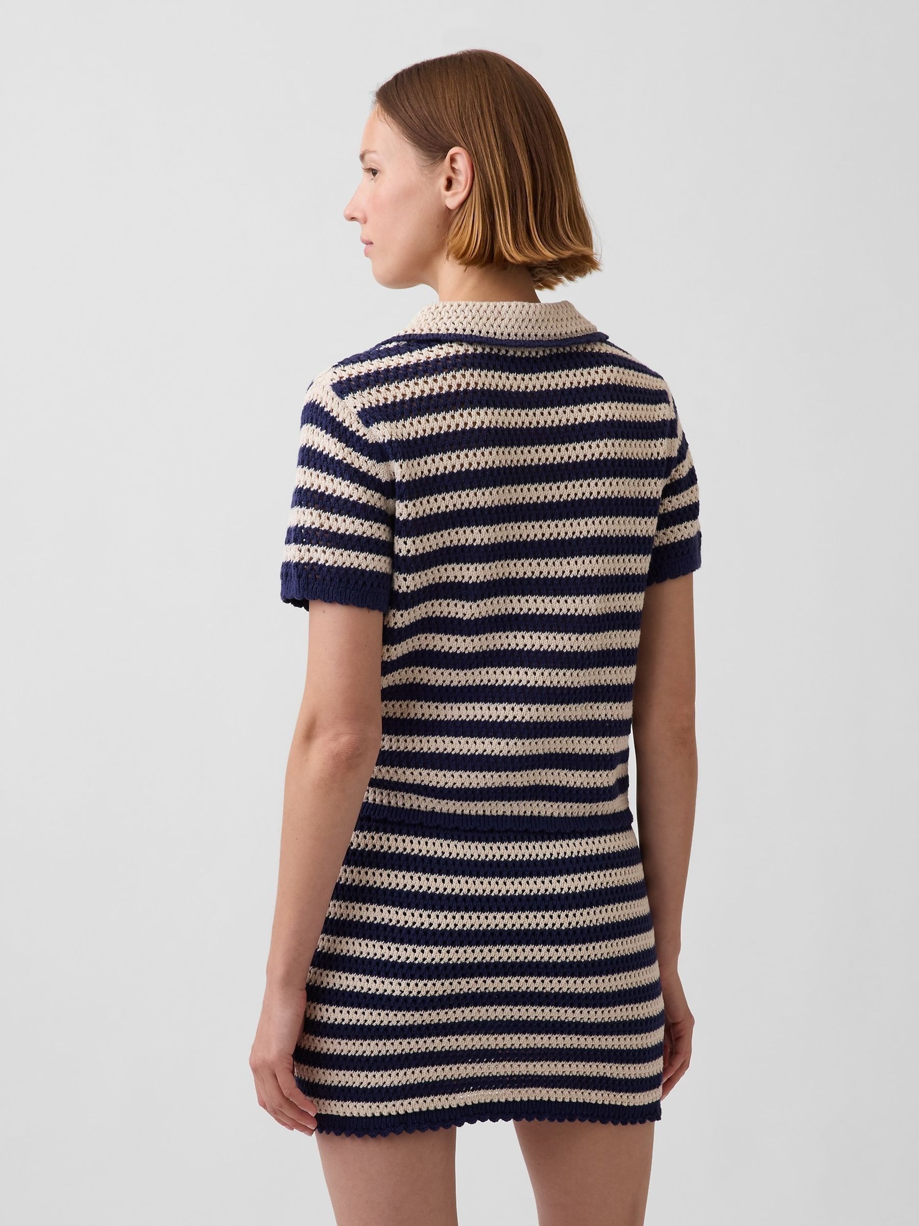 Navy stripe Crochet Relaxed Knitted Short Sleeve Shirt - Image 2 of 4