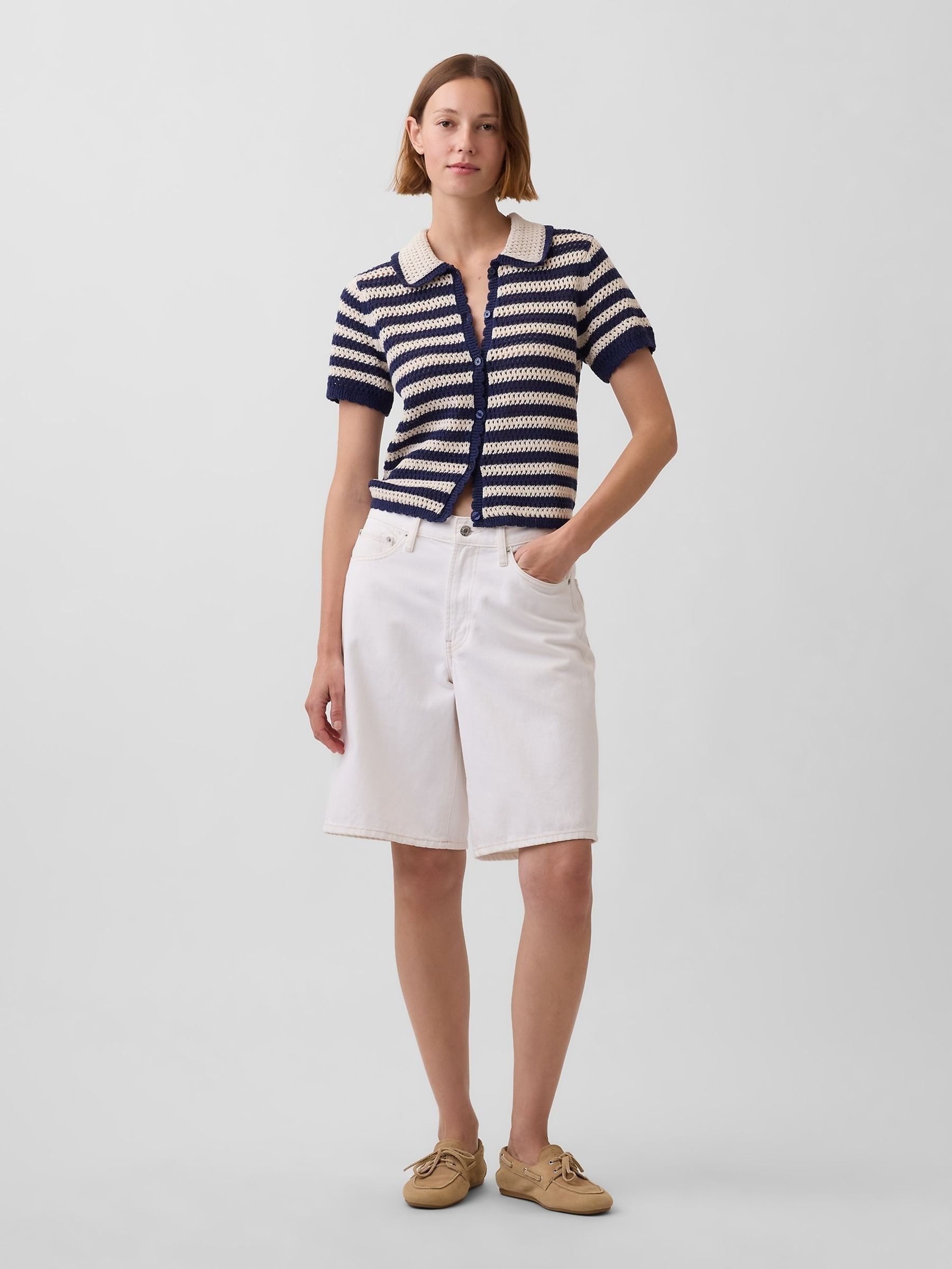 Navy stripe Crochet Relaxed Knitted Short Sleeve Shirt - Image 3 of 4