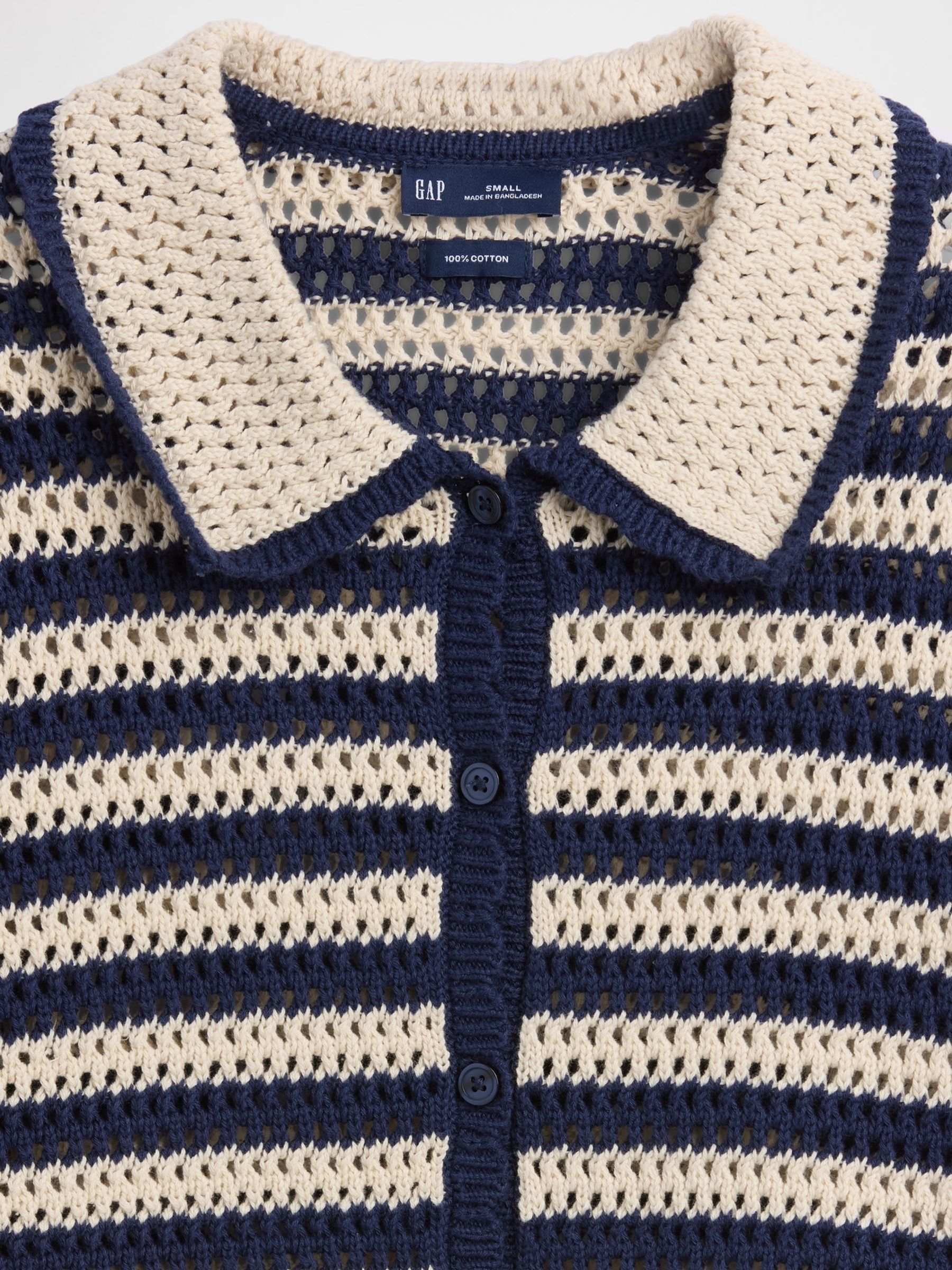 Navy stripe Crochet Relaxed Knitted Short Sleeve Shirt - Image 4 of 4