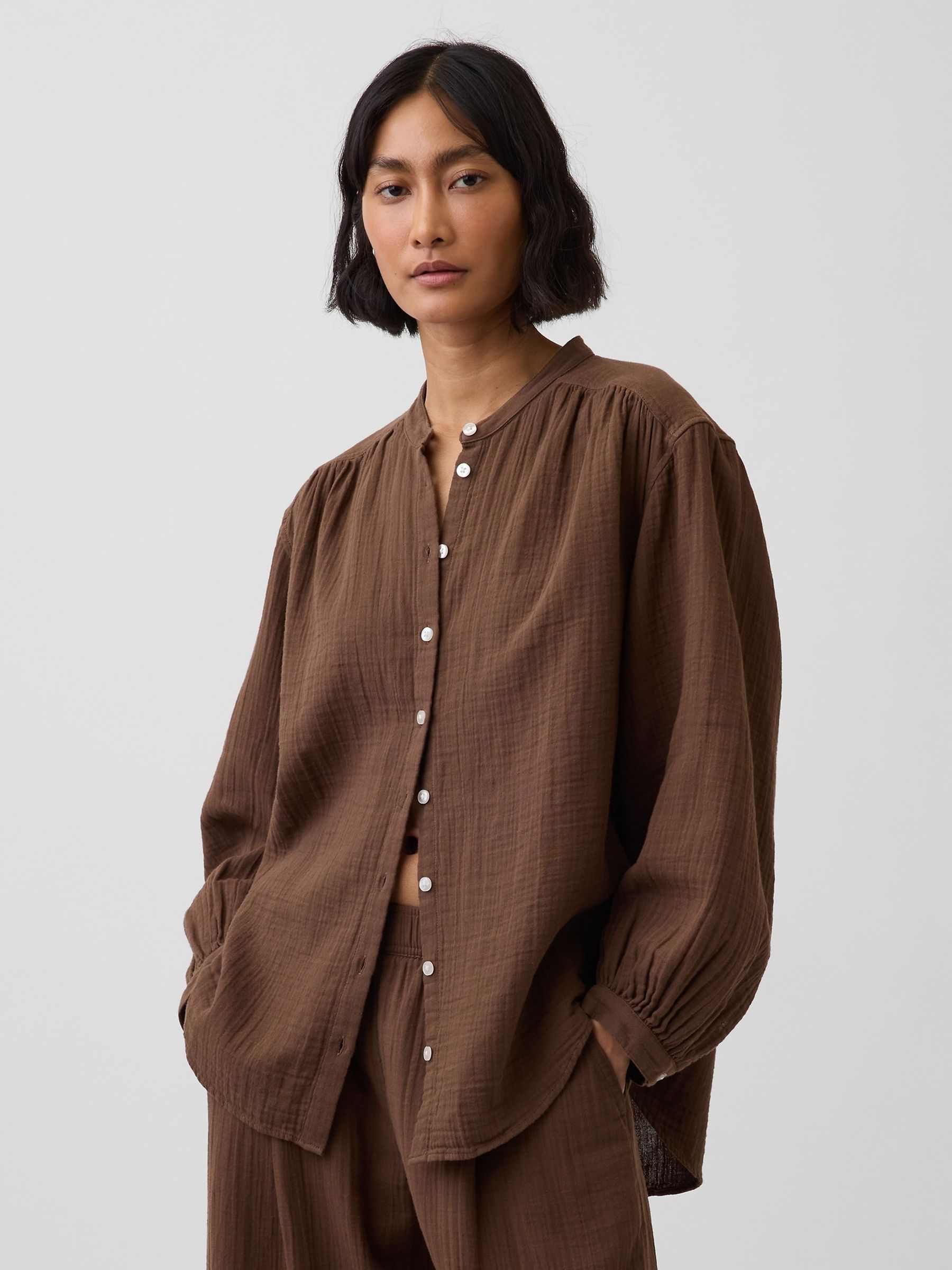 Brown Cotton Gauze Oversized Collarless Shirt - Image 1 of 4