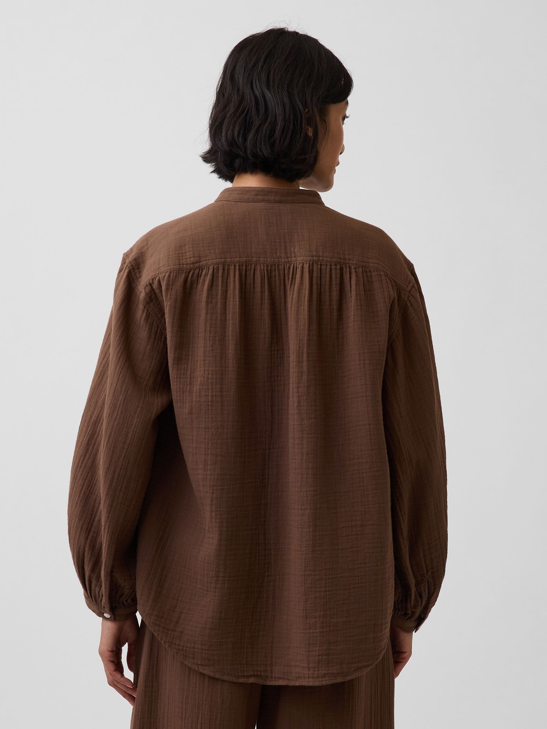Brown Cotton Gauze Oversized Collarless Shirt - Image 2 of 4