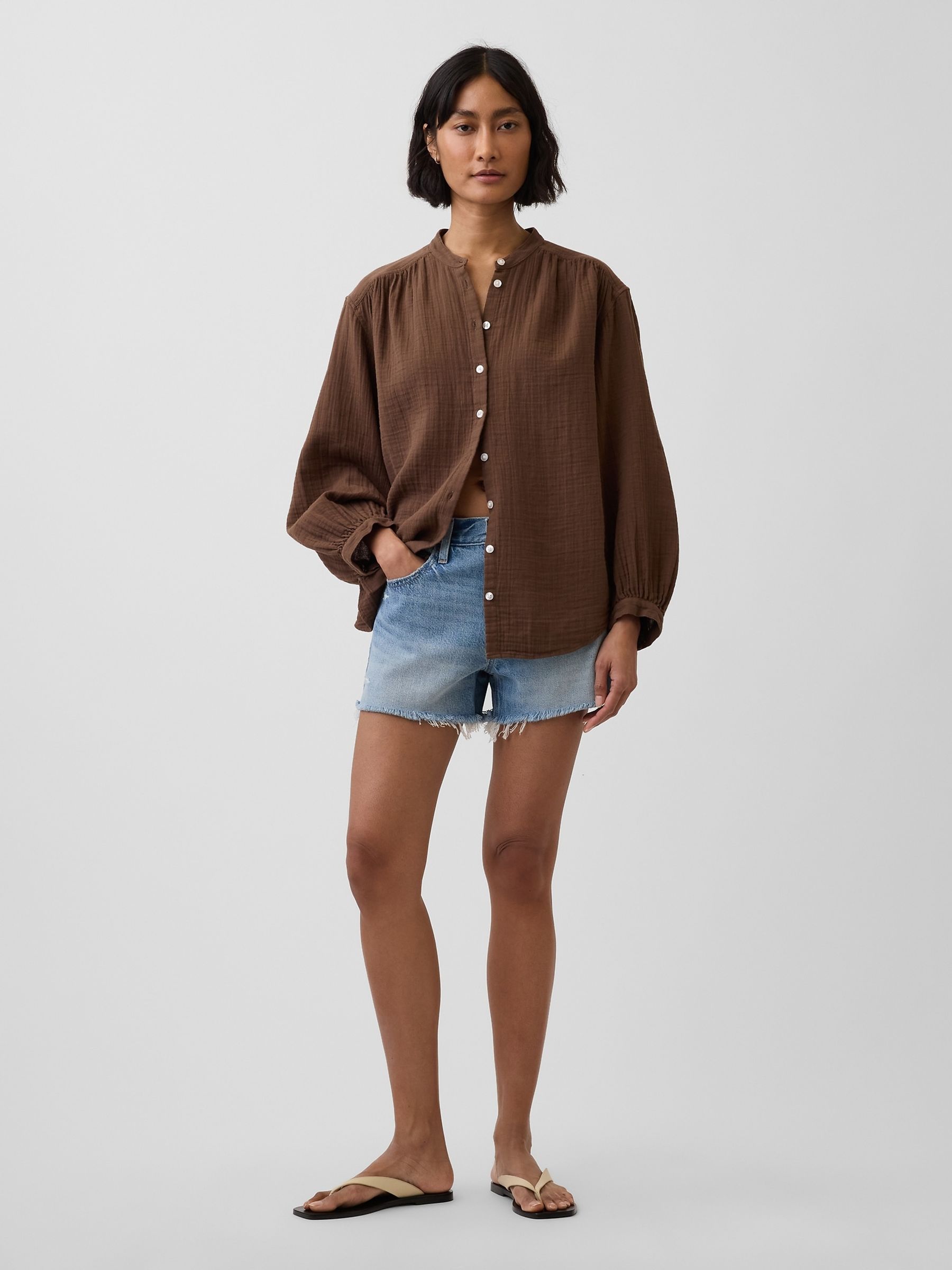 Brown Cotton Gauze Oversized Collarless Shirt - Image 3 of 4
