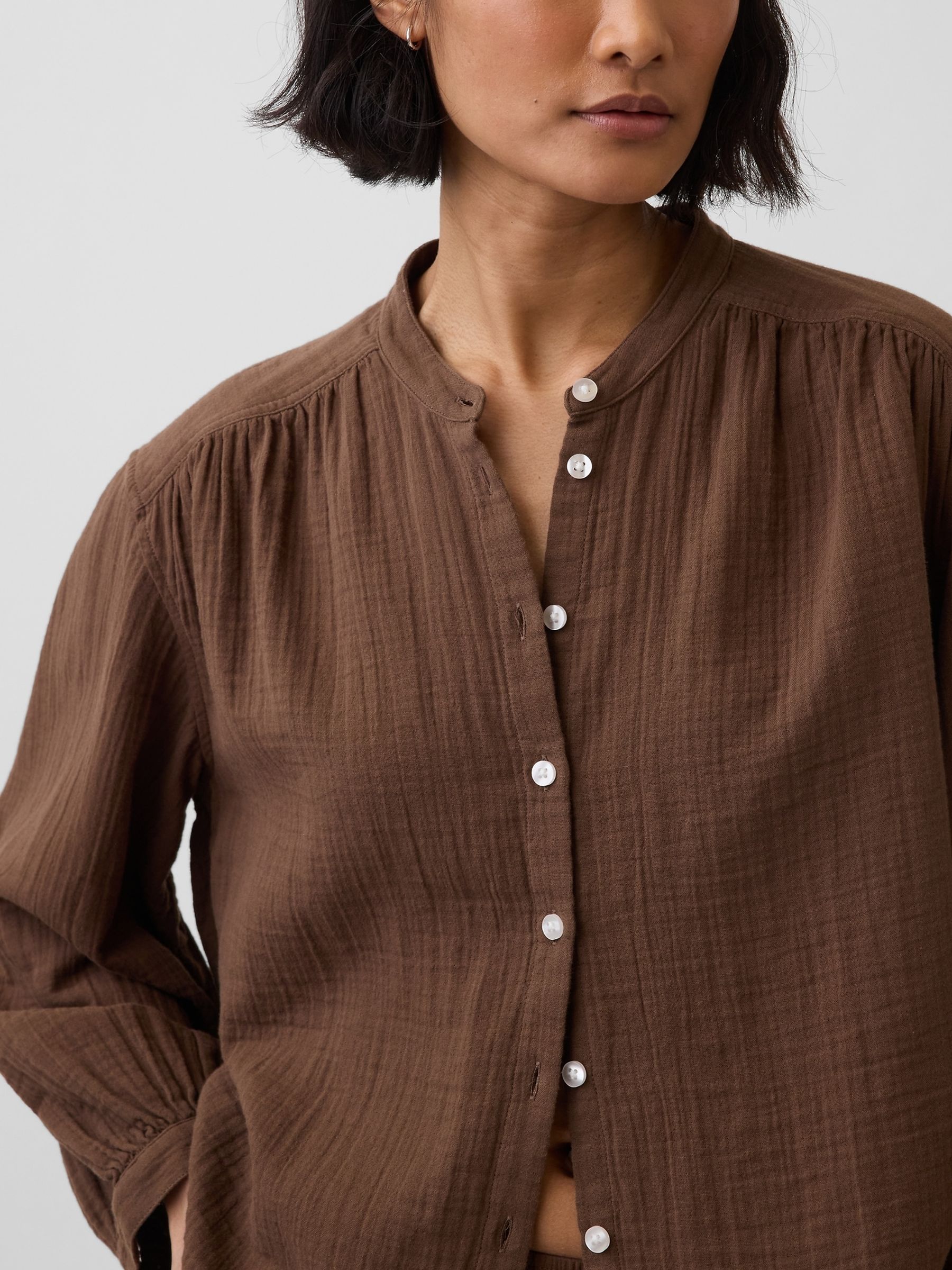 Brown Cotton Gauze Oversized Collarless Shirt - Image 4 of 4