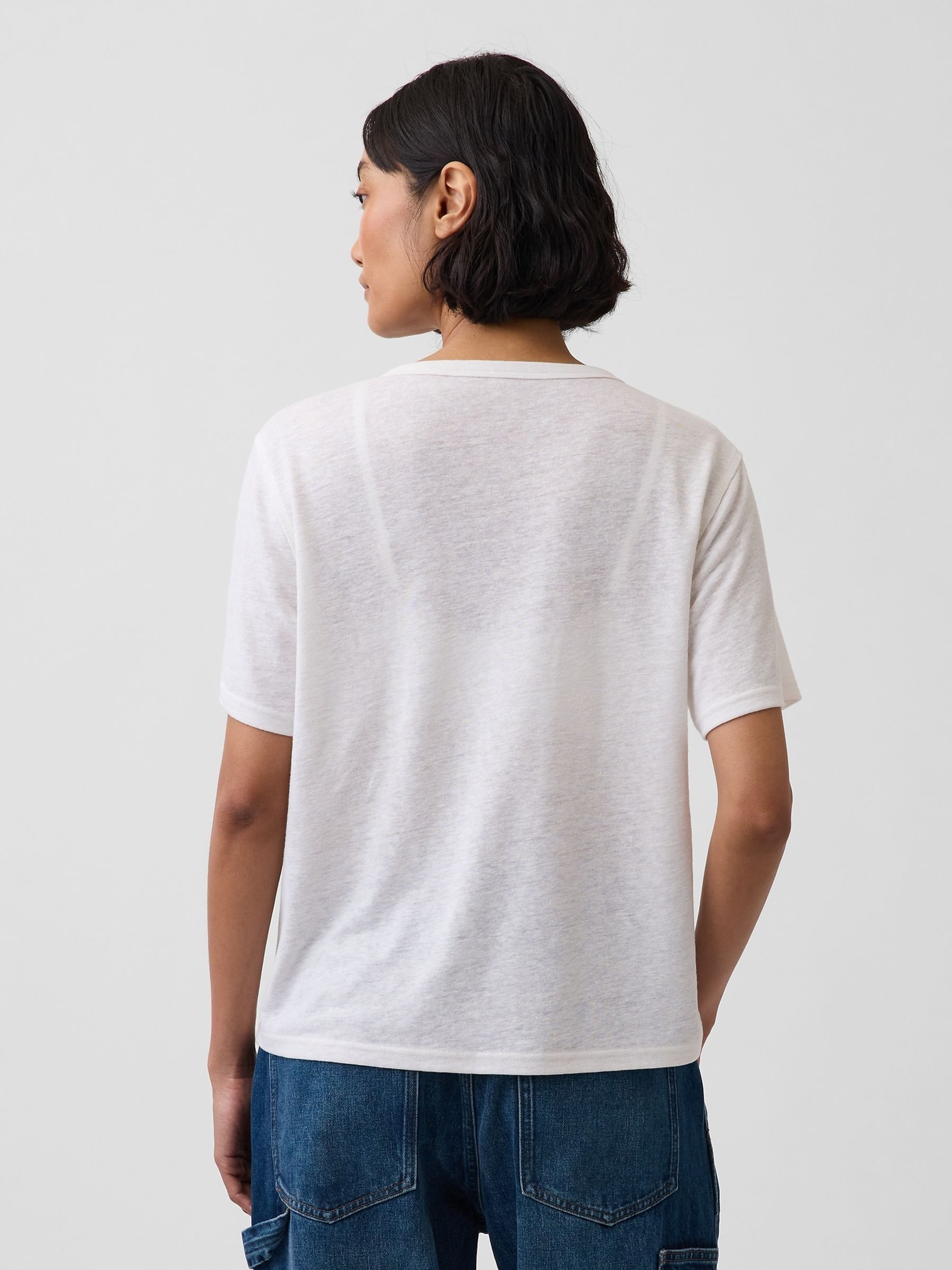 White Linen-Blend Relaxed V-Neck T-Shirt - Image 2 of 4