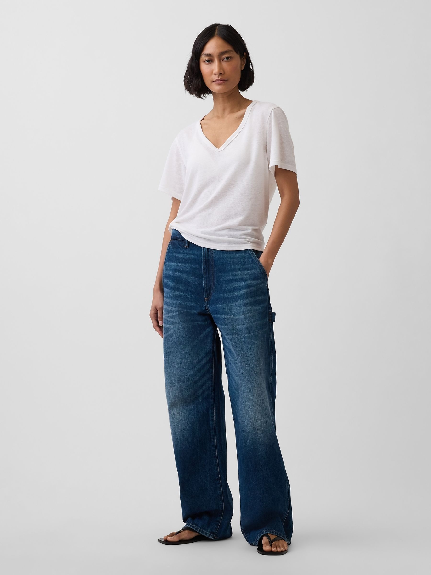 White Linen-Blend Relaxed V-Neck T-Shirt - Image 3 of 4