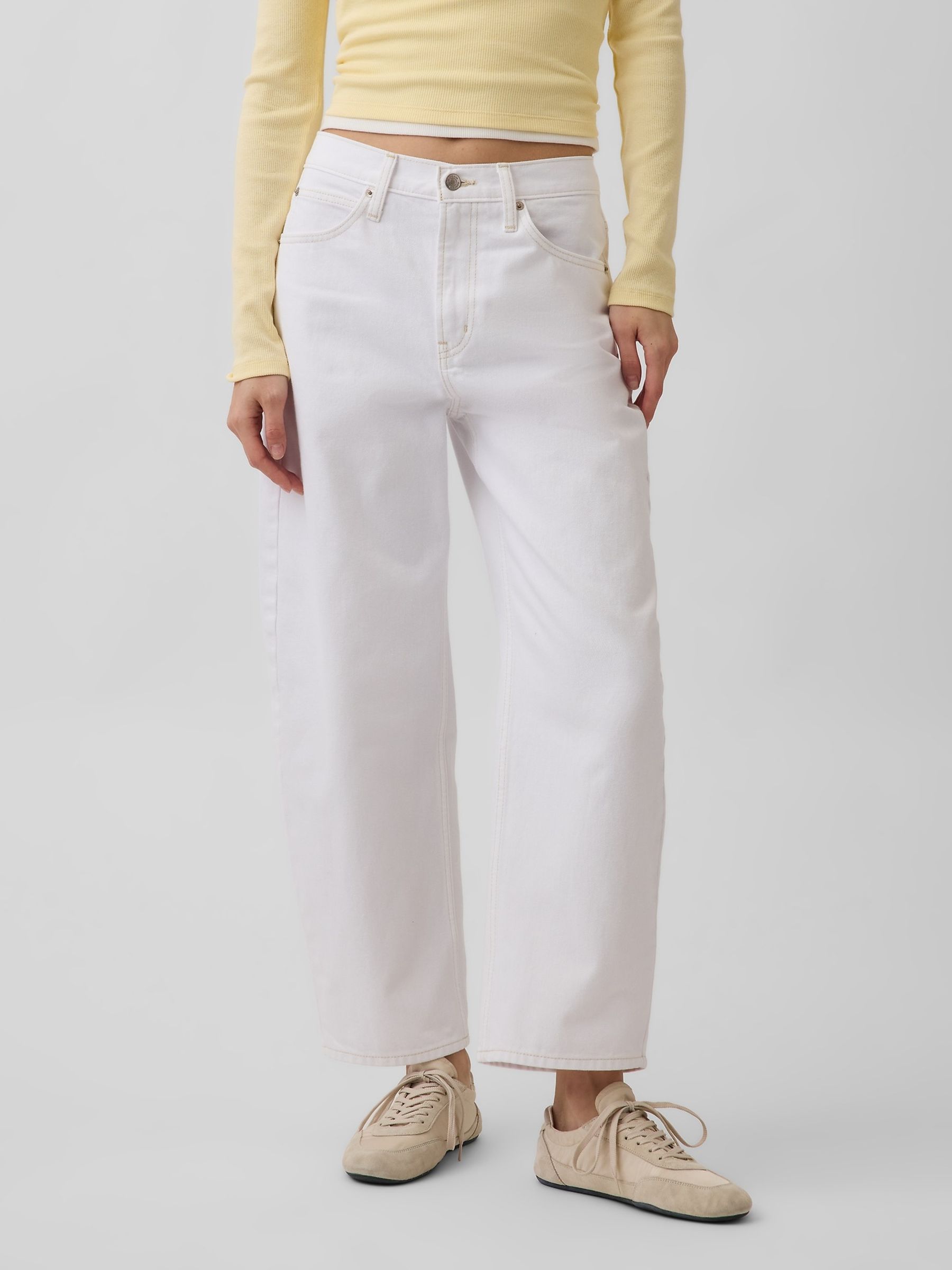 White High Waisted Crop Barrel Jeans - Image 1 of 4 White High Waisted Crop Barrel Jeans - Image 1 of 4