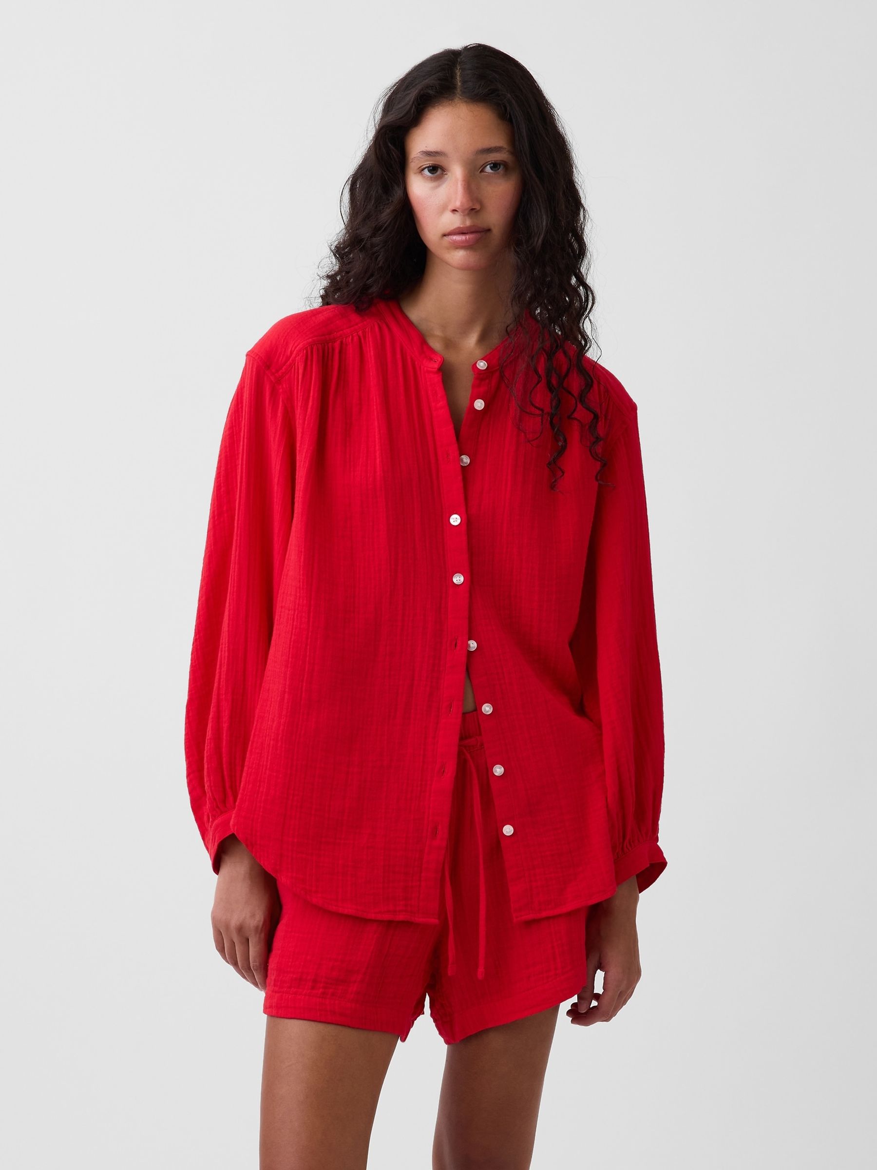 Red Gauze Oversized Collarless Shirt - Image 1 of 4