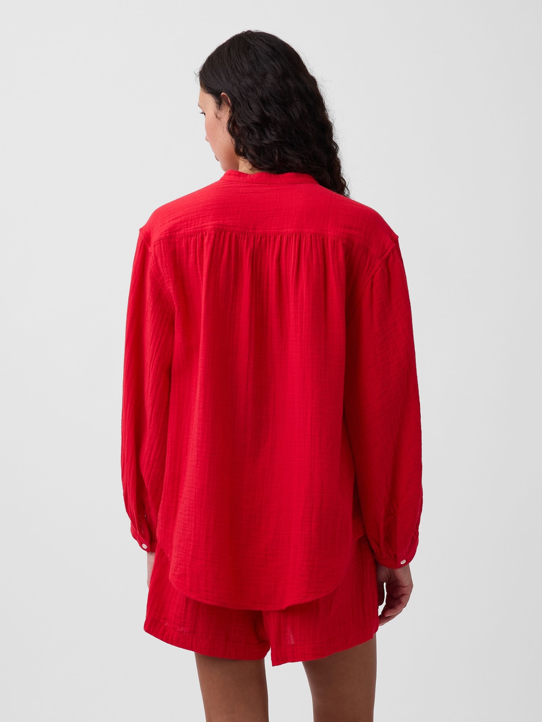 Red Gauze Oversized Collarless Shirt - Image 2 of 4