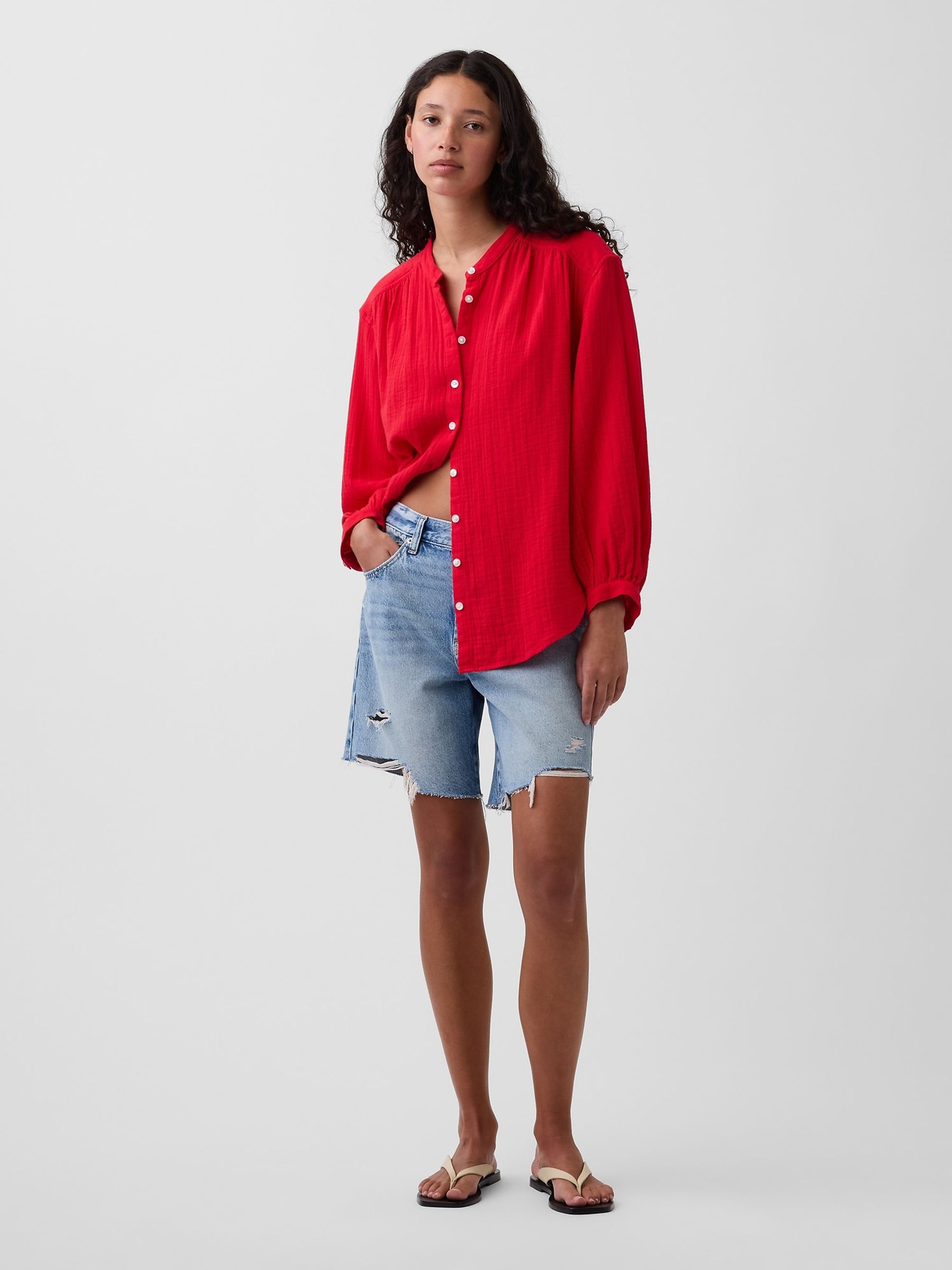 Red Gauze Oversized Collarless Shirt - Image 3 of 4