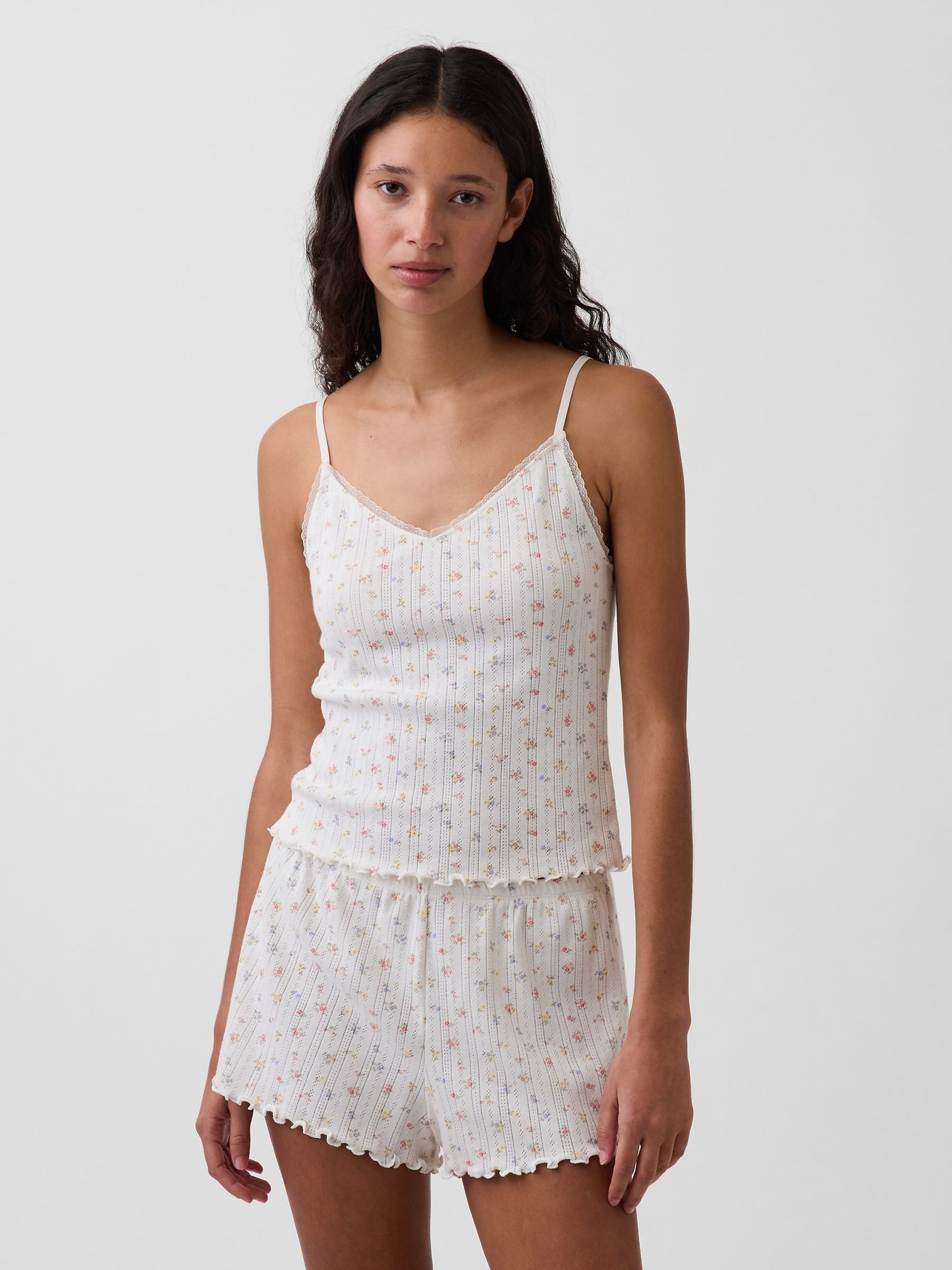 White Floral Pointelle Lettuce-Hem Pyjamas Cami Top - Image 1 of 4