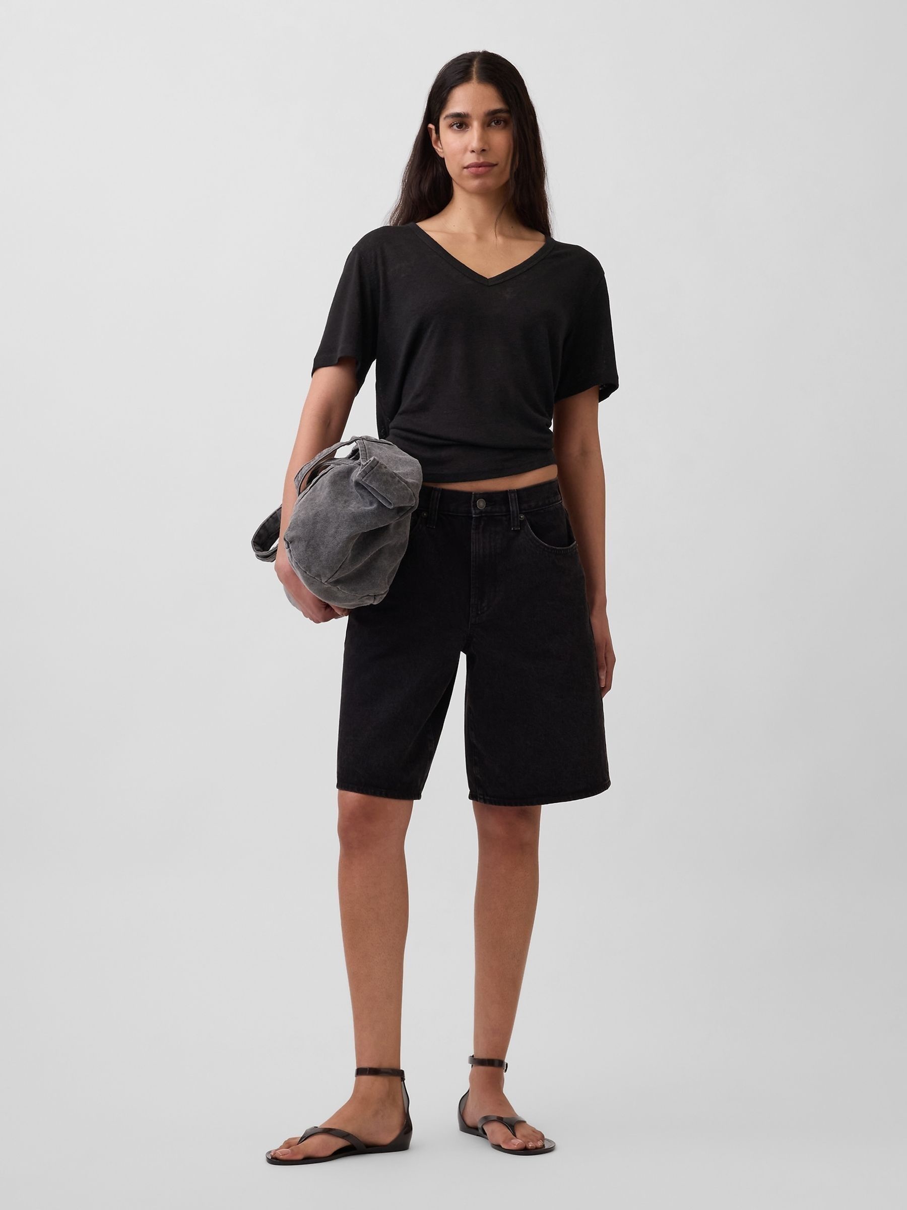 Black Linen-Blend Relaxed V-Neck T-Shirt - Image 3 of 4