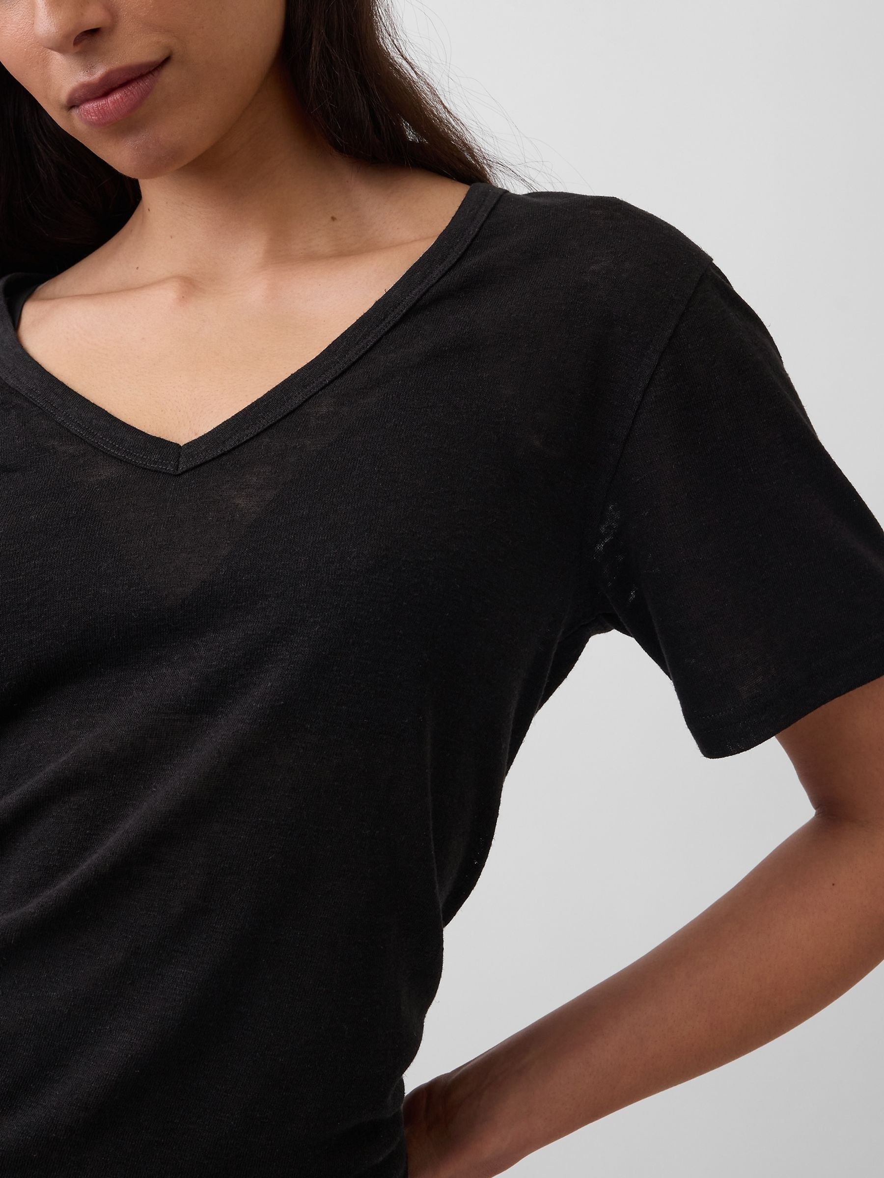 Black Linen-Blend Relaxed V-Neck T-Shirt - Image 4 of 4